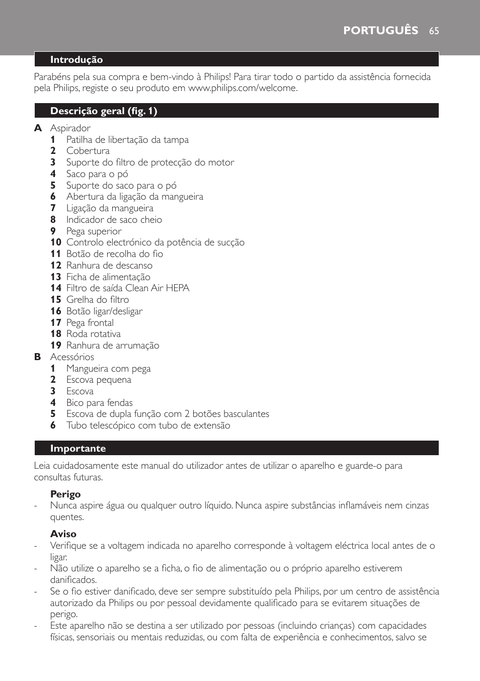 Perigo, Aviso, Português | Introdução, Descrição geral (fig. 1), Importante | Philips SmallStar Aspirateur avec sac User Manual | Page 65 / 88