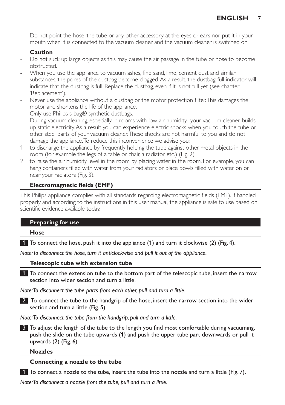Caution, Electromagnetic fields (emf), Preparing for use | Hose, Telescopic tube with extension tube, Nozzles, Connecting a nozzle to the tube | Philips SmallStar Aspirateur avec sac User Manual | Page 7 / 88