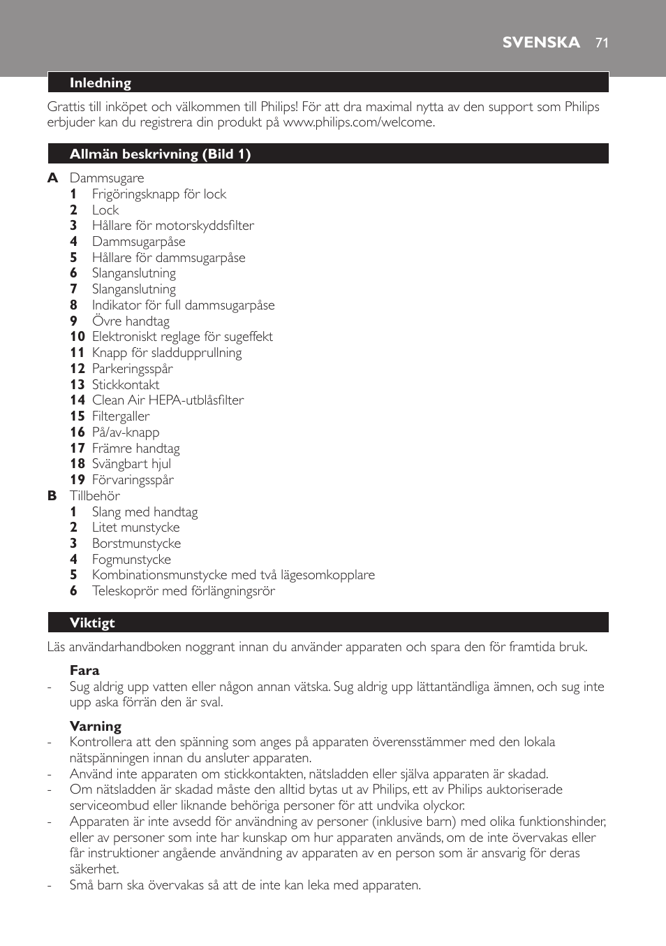 Fara, Varning, Svenska | Inledning, Allmän beskrivning (bild 1), Viktigt | Philips SmallStar Aspirateur avec sac User Manual | Page 71 / 88