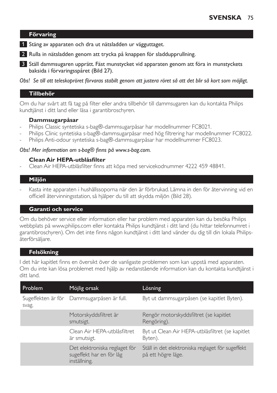 Dammsugarpåsar, Clean air hepa-utblåsfilter, Förvaring | Tillbehör, Miljön, Garanti och service, Felsökning | Philips SmallStar Aspirateur avec sac User Manual | Page 75 / 88