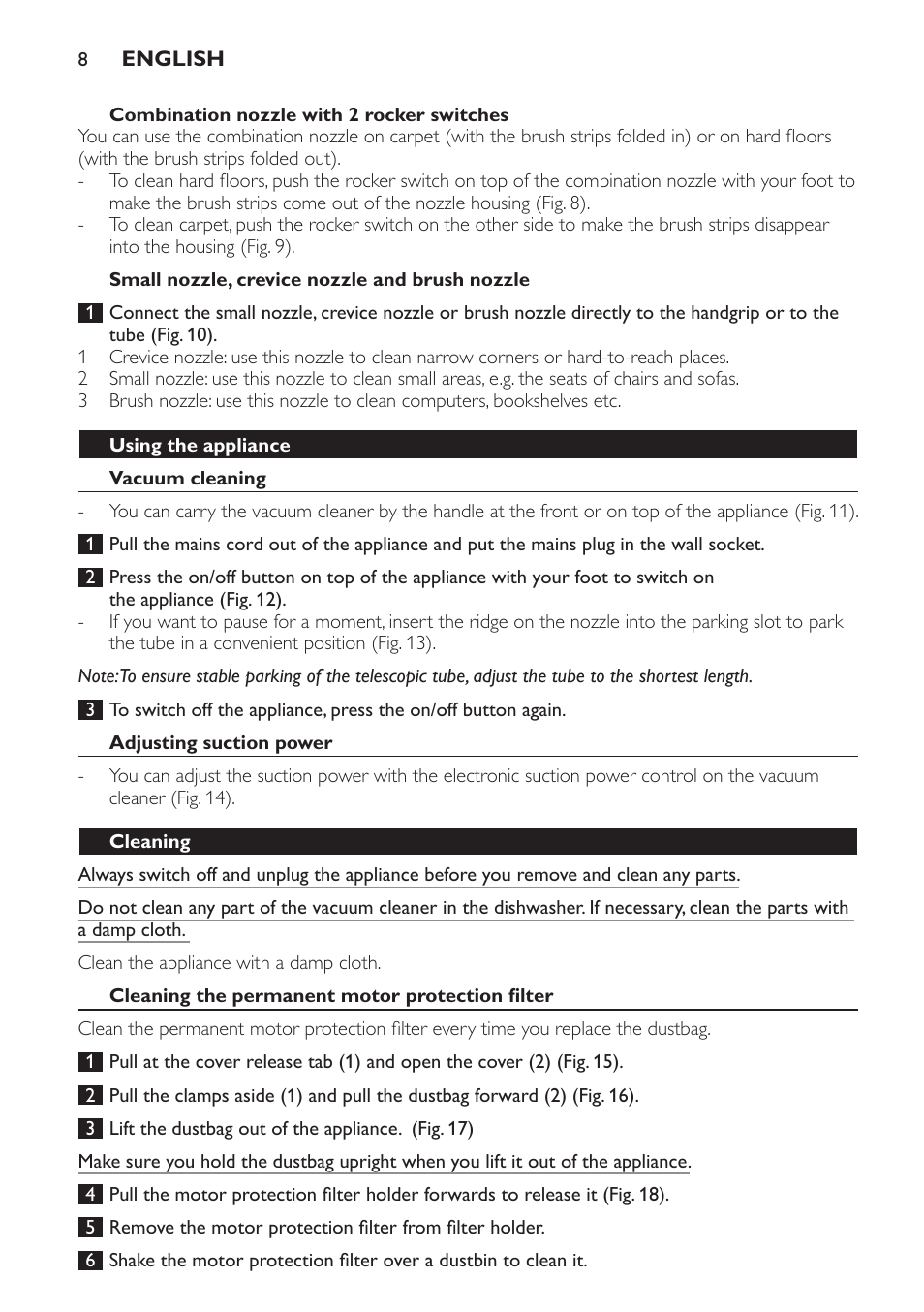 Combination nozzle with 2 rocker switches, Small nozzle, crevice nozzle and brush nozzle, Using the appliance | Vacuum cleaning, Adjusting suction power, Cleaning, Cleaning the permanent motor protection filter | Philips SmallStar Aspirateur avec sac User Manual | Page 8 / 88