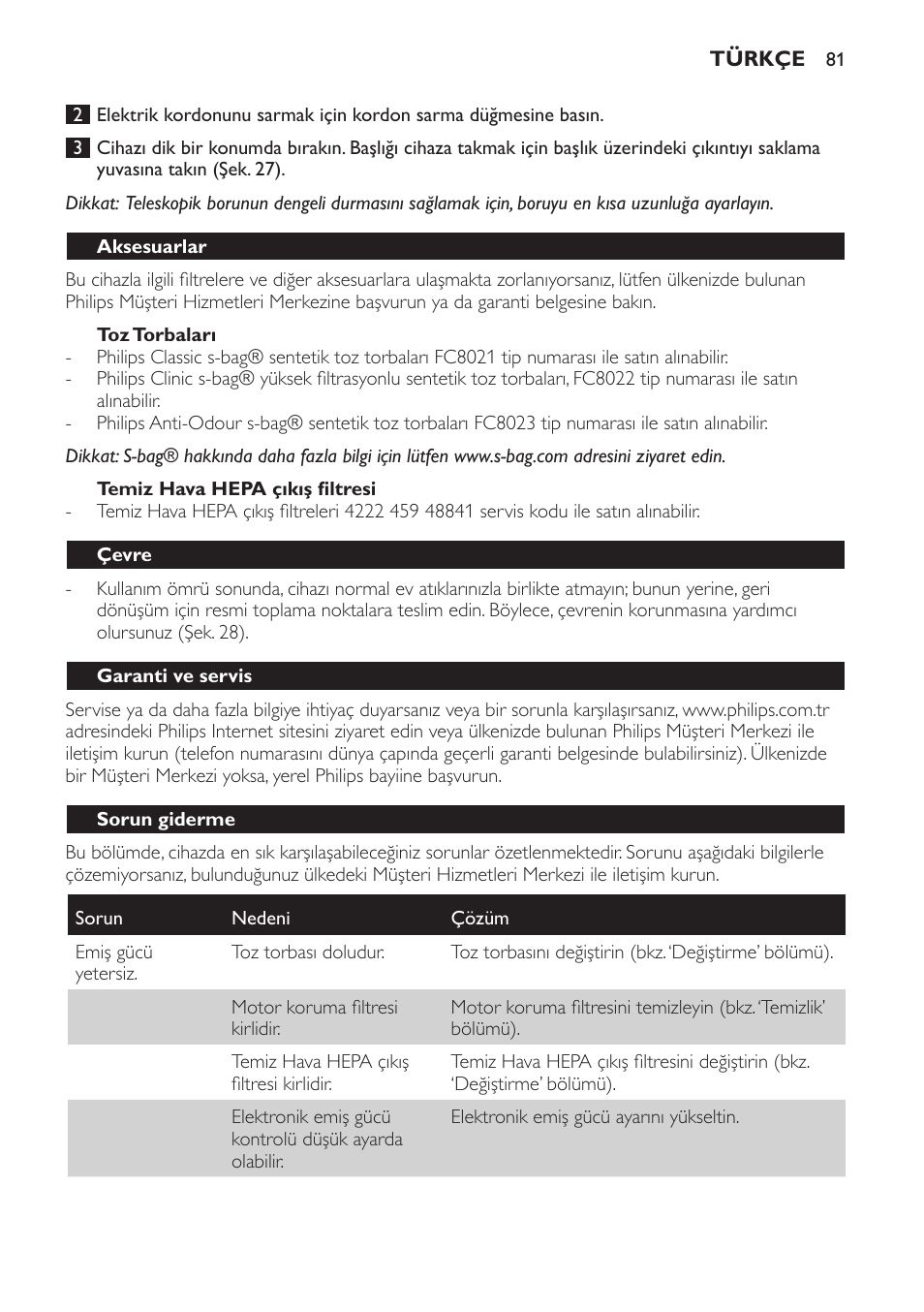 Toz torbaları, Temiz hava hepa çıkış filtresi, Aksesuarlar | Çevre, Garanti ve servis, Sorun giderme | Philips SmallStar Aspirateur avec sac User Manual | Page 81 / 88