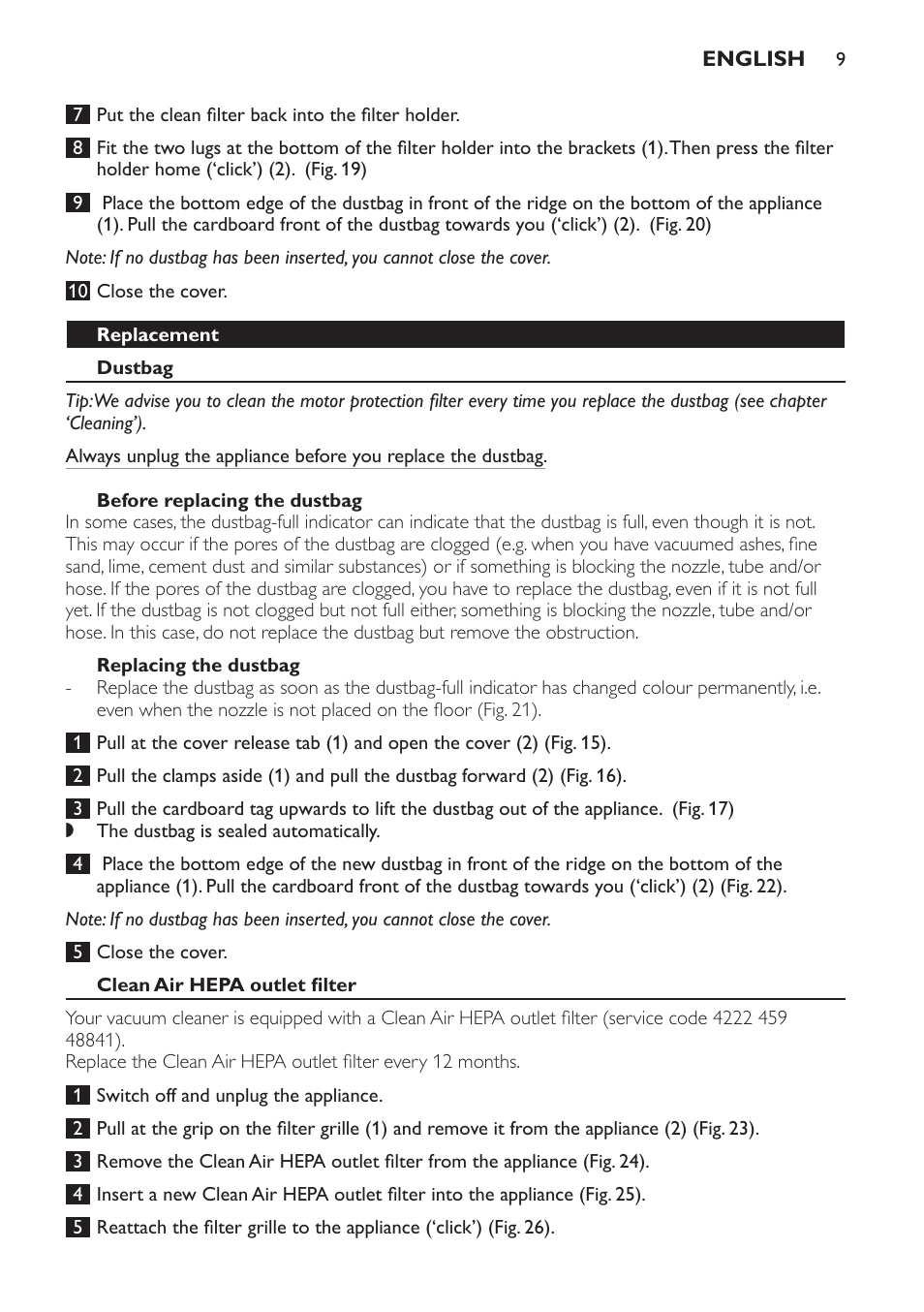 Replacement, Dustbag, Before replacing the dustbag | Replacing the dustbag, Clean air hepa outlet filter | Philips SmallStar Aspirateur avec sac User Manual | Page 9 / 88