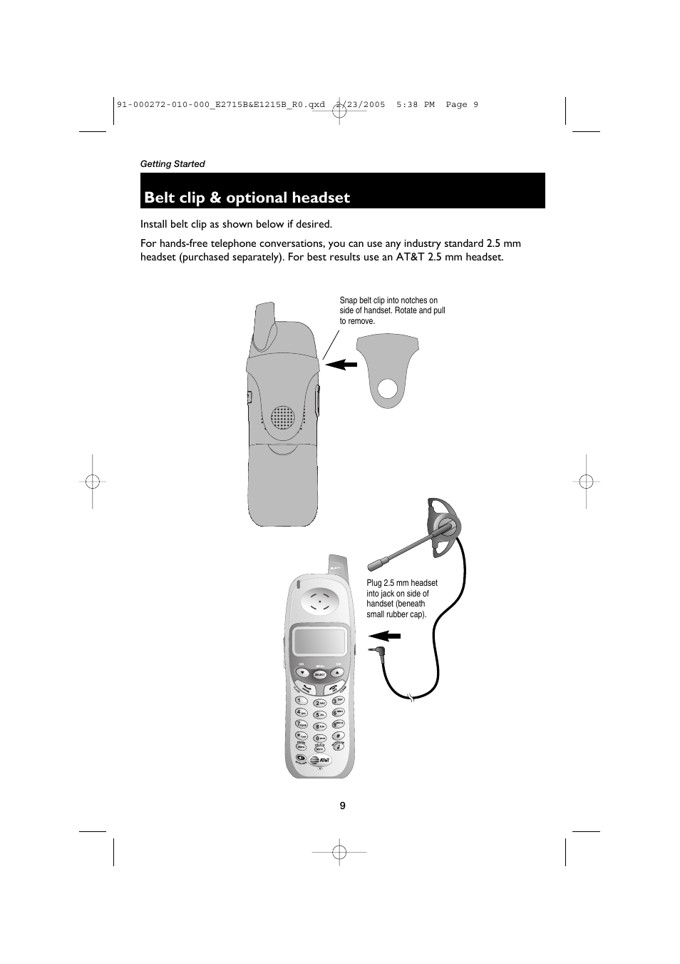 Belt clip & optional headset | AT&T E2715B User Manual | Page 11 / 28