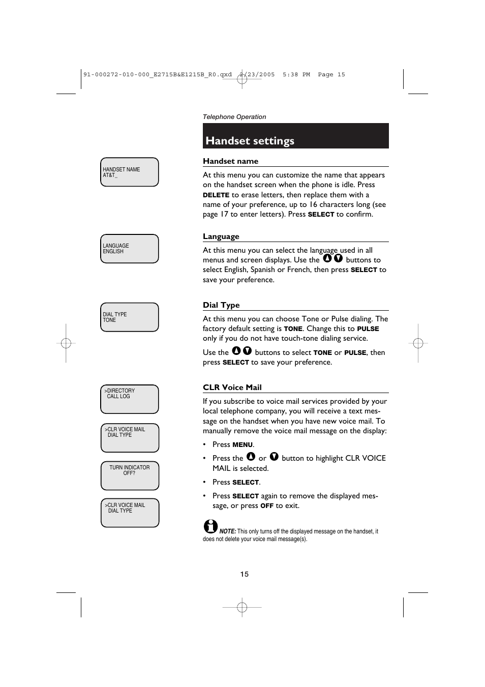 Handset settings | AT&T E2715B User Manual | Page 17 / 28
