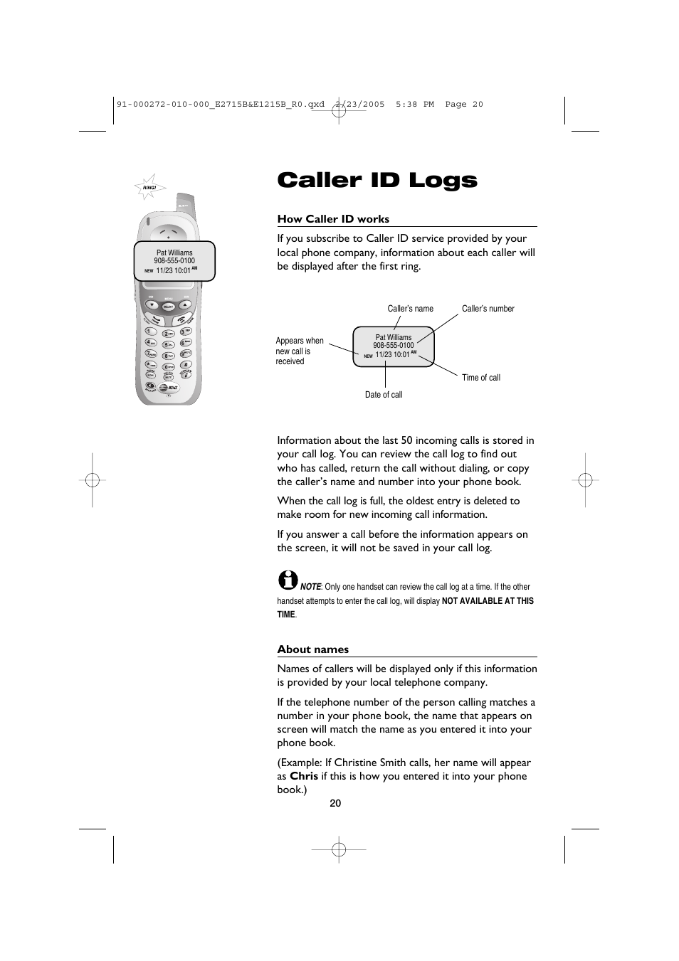 Caller id logs | AT&T E2715B User Manual | Page 22 / 28