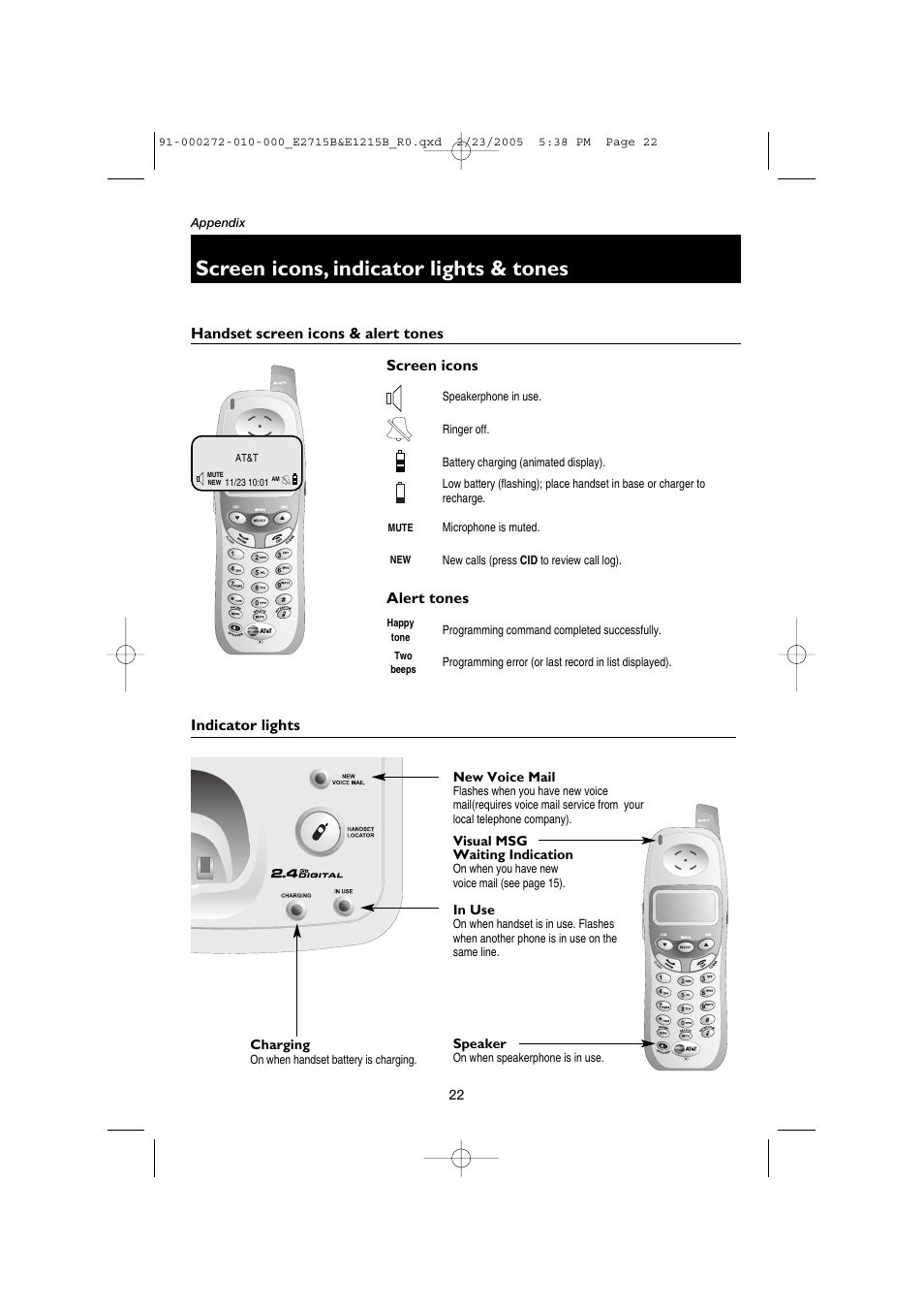 Screen icons, indicator lights & tones, Handset screen icons & alert tones, Indicator lights | Screen icons alert tones | AT&T E2715B User Manual | Page 24 / 28