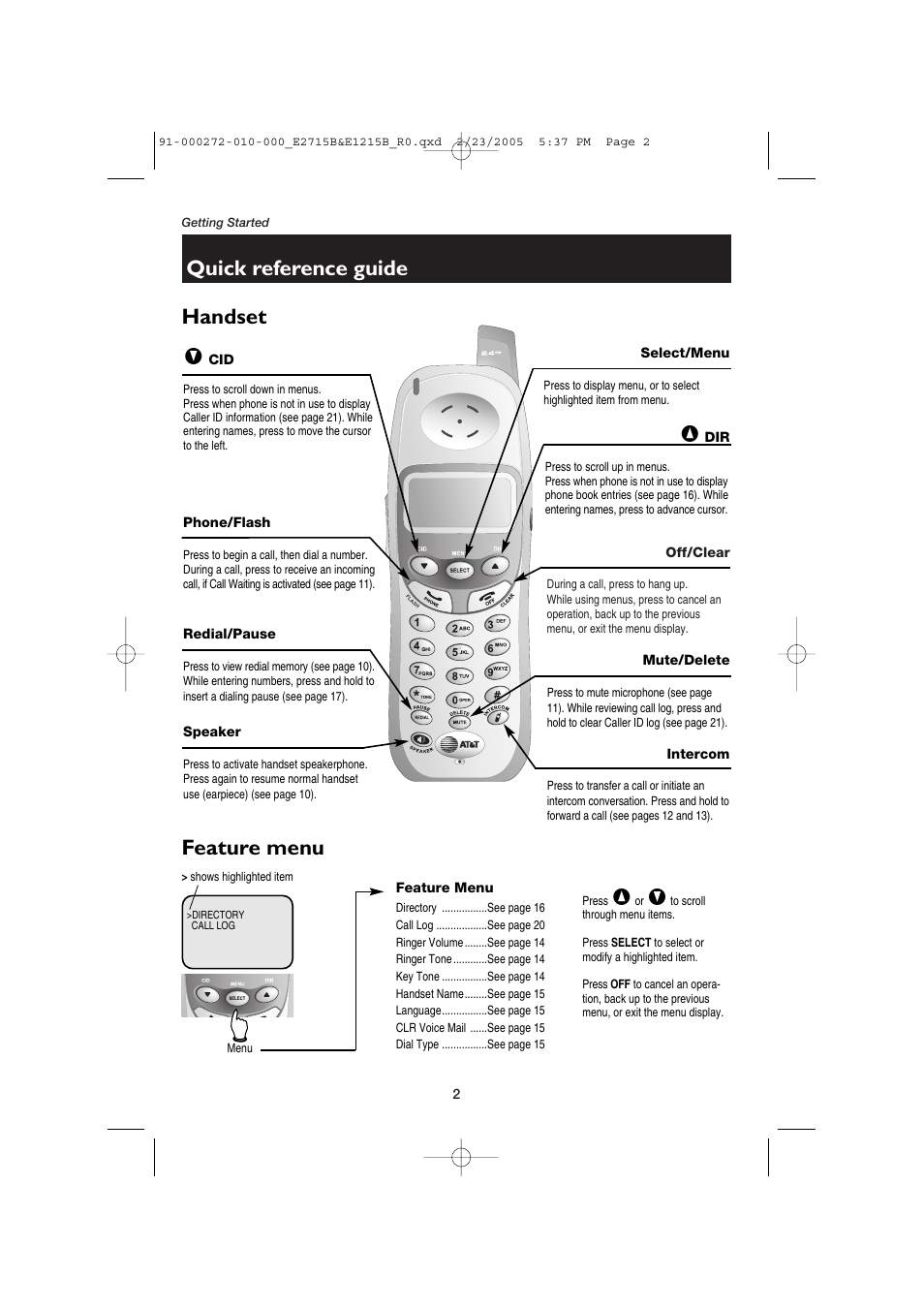Quick reference guide, Handset feature menu | AT&T E2715B User Manual | Page 4 / 28