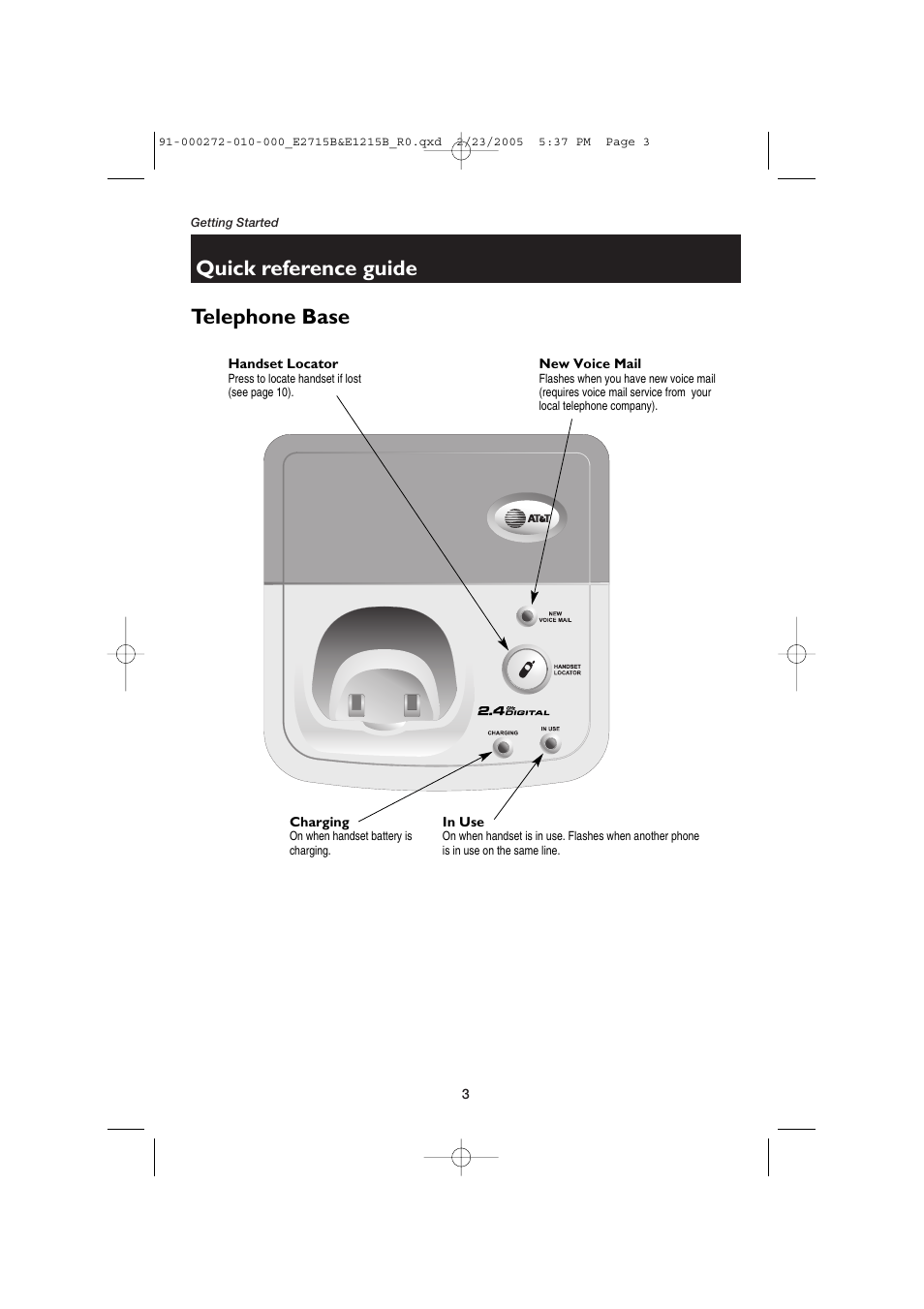 Quick reference guide telephone base | AT&T E2715B User Manual | Page 5 / 28