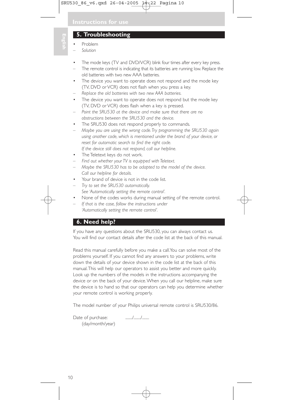 Troubleshooting, Need help, Instructions for use | Philips Télécommande universelle User Manual | Page 10 / 76