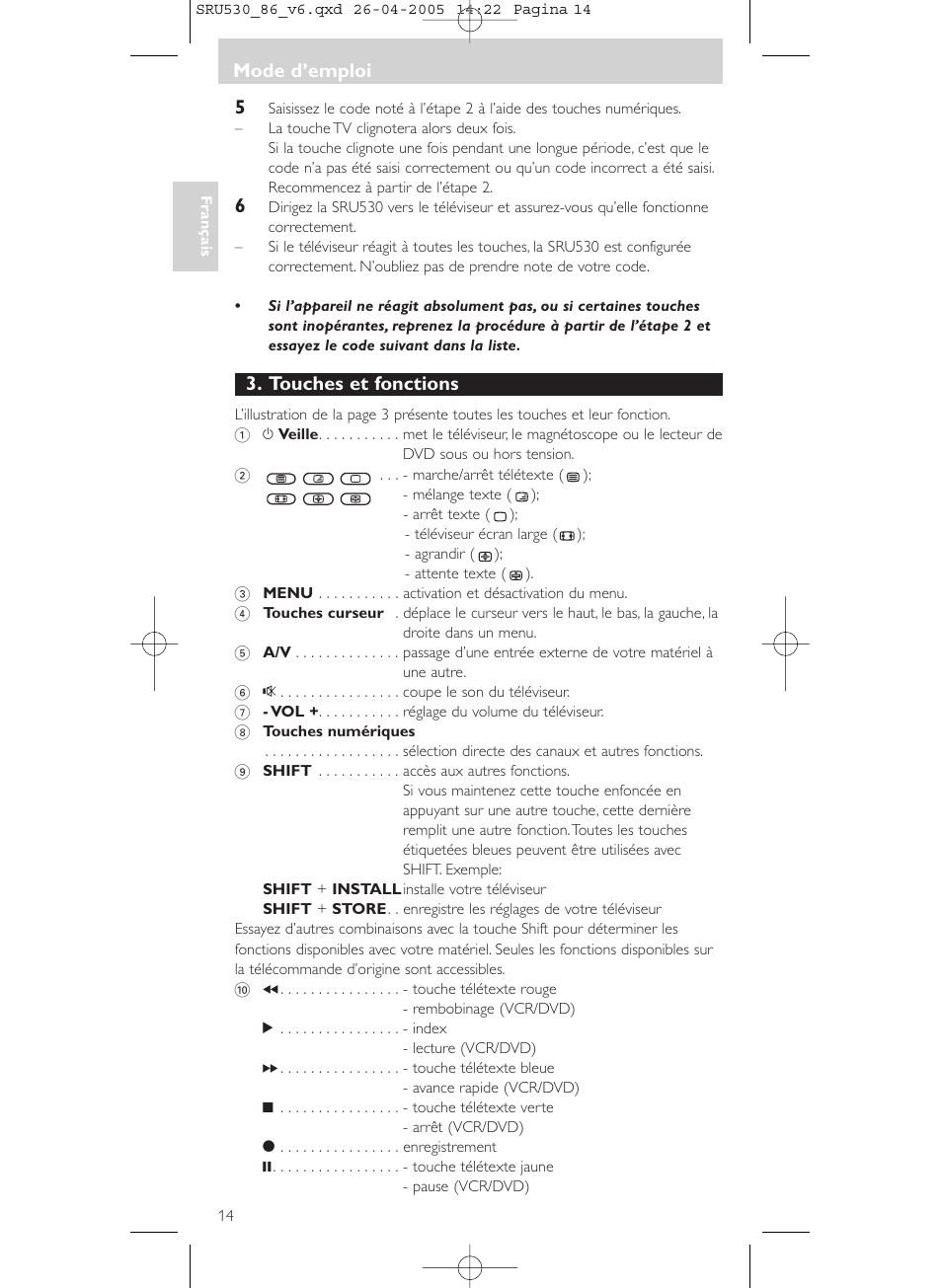 Touches et fonctions, Mode d’emploi | Philips Télécommande universelle User Manual | Page 14 / 76