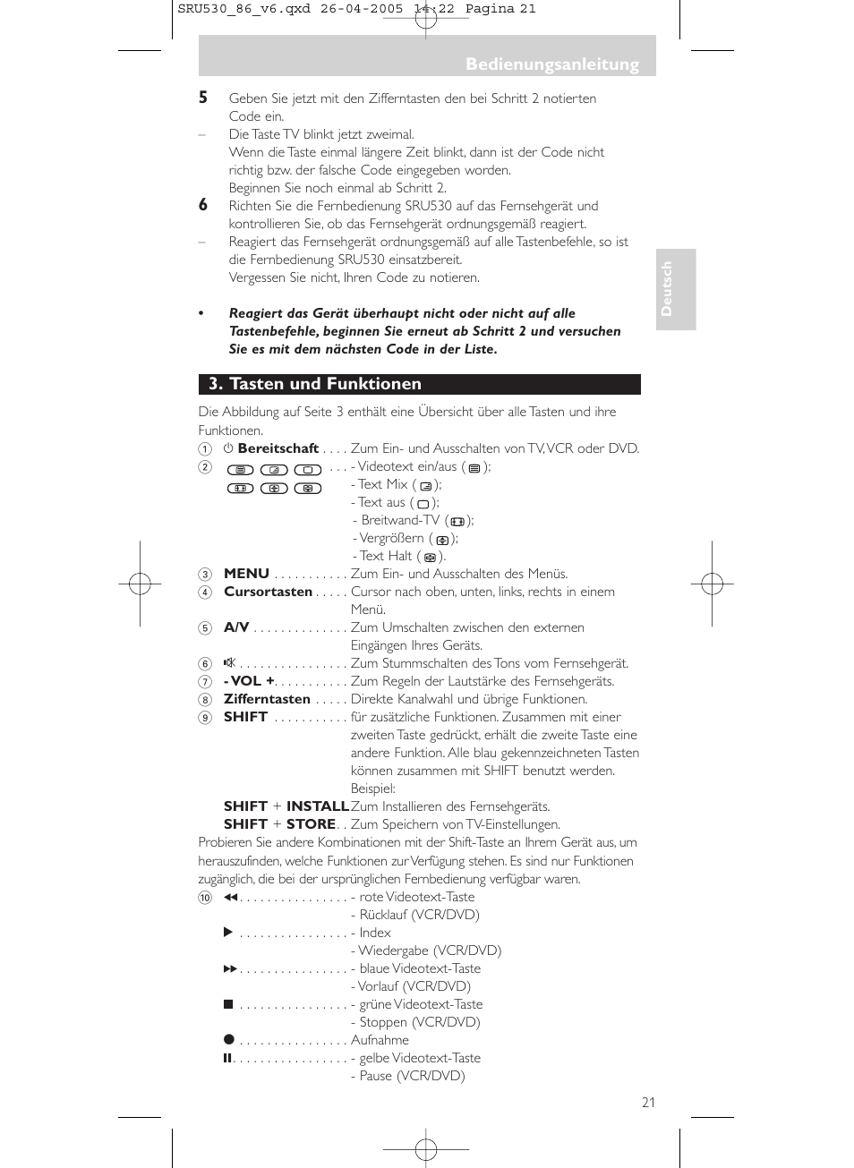 Tasten und funktionen, Bedienungsanleitung | Philips Télécommande universelle User Manual | Page 21 / 76