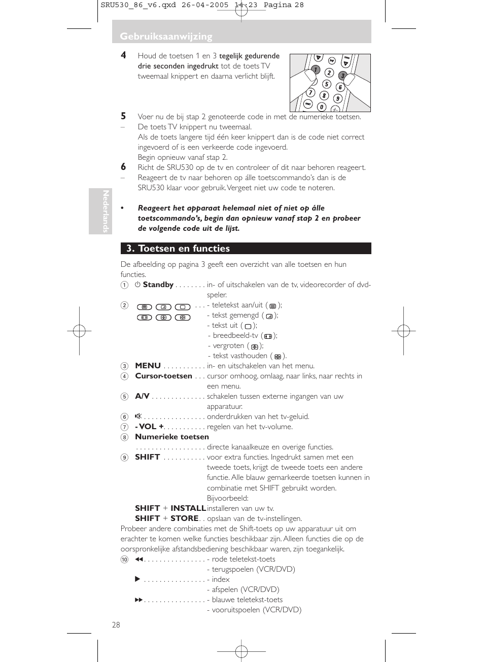 Toetsen en functies, Gebruiksaanwijzing | Philips Télécommande universelle User Manual | Page 28 / 76