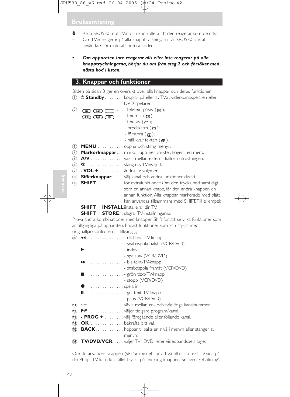 Knappar och funktioner, Bruksanvisning | Philips Télécommande universelle User Manual | Page 42 / 76