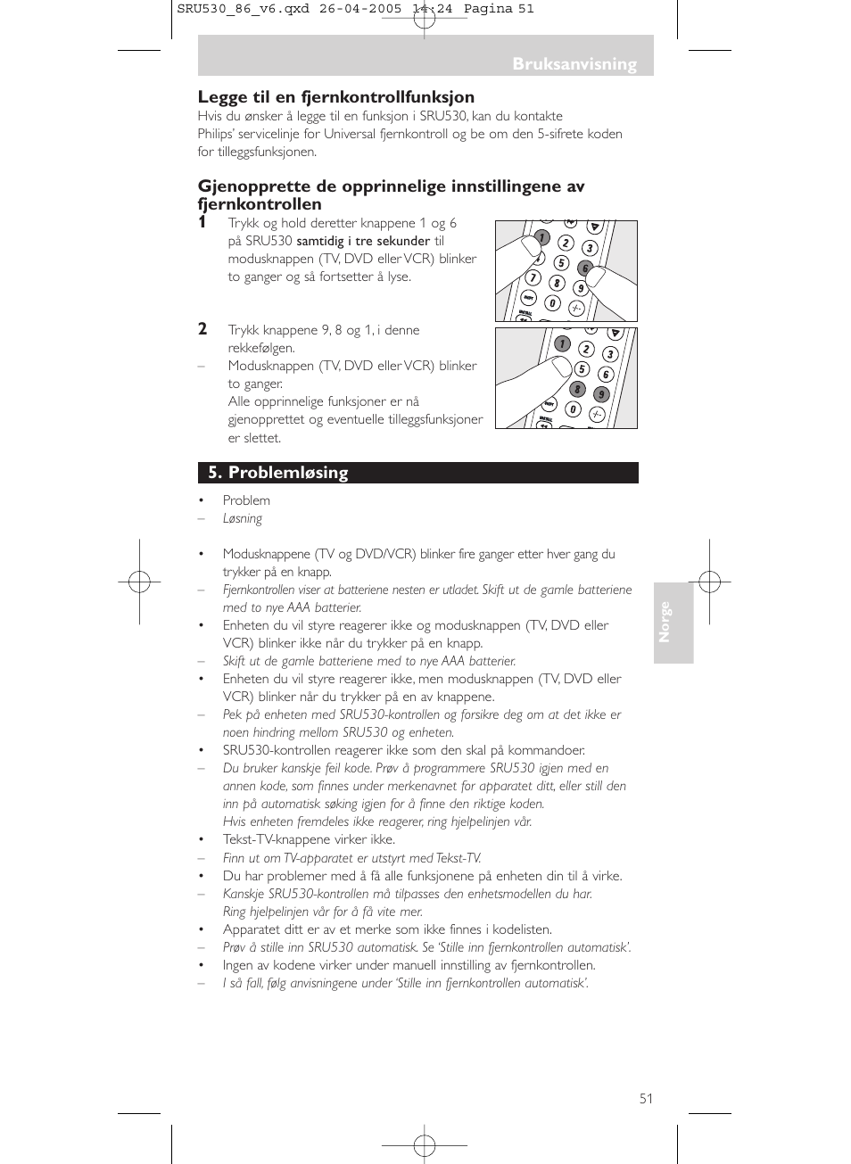 Legge til en fjernkontrollfunksjon, Problemløsing, Bruksanvisning | Philips Télécommande universelle User Manual | Page 51 / 76