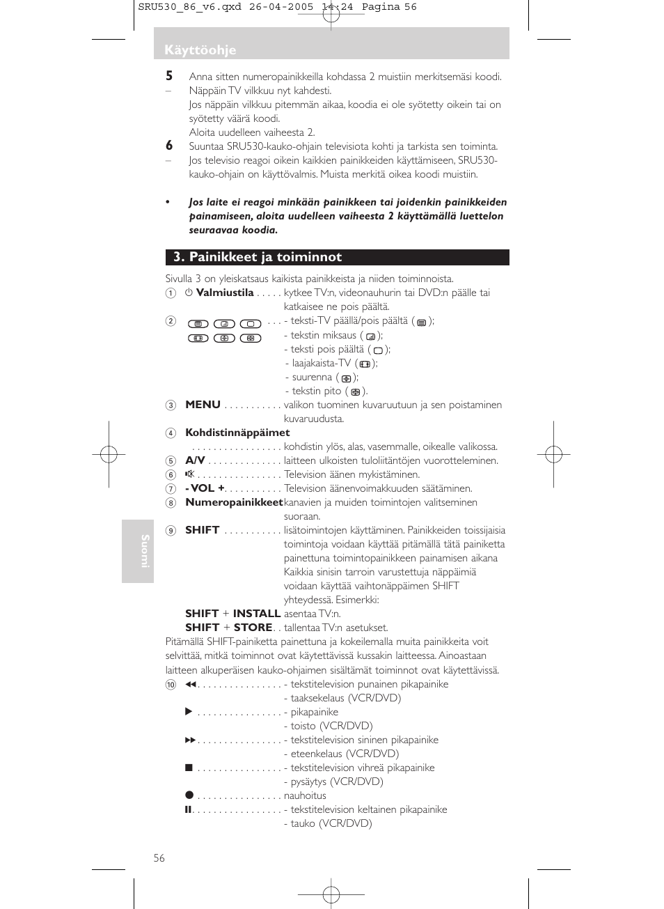 Painikkeet ja toiminnot, Käyttöohje | Philips Télécommande universelle User Manual | Page 56 / 76