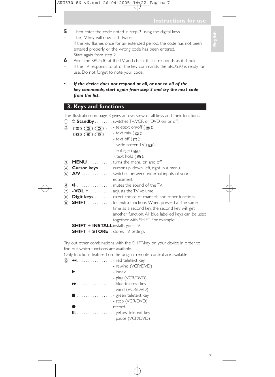 Keys and functions, Instructions for use | Philips Télécommande universelle User Manual | Page 7 / 76