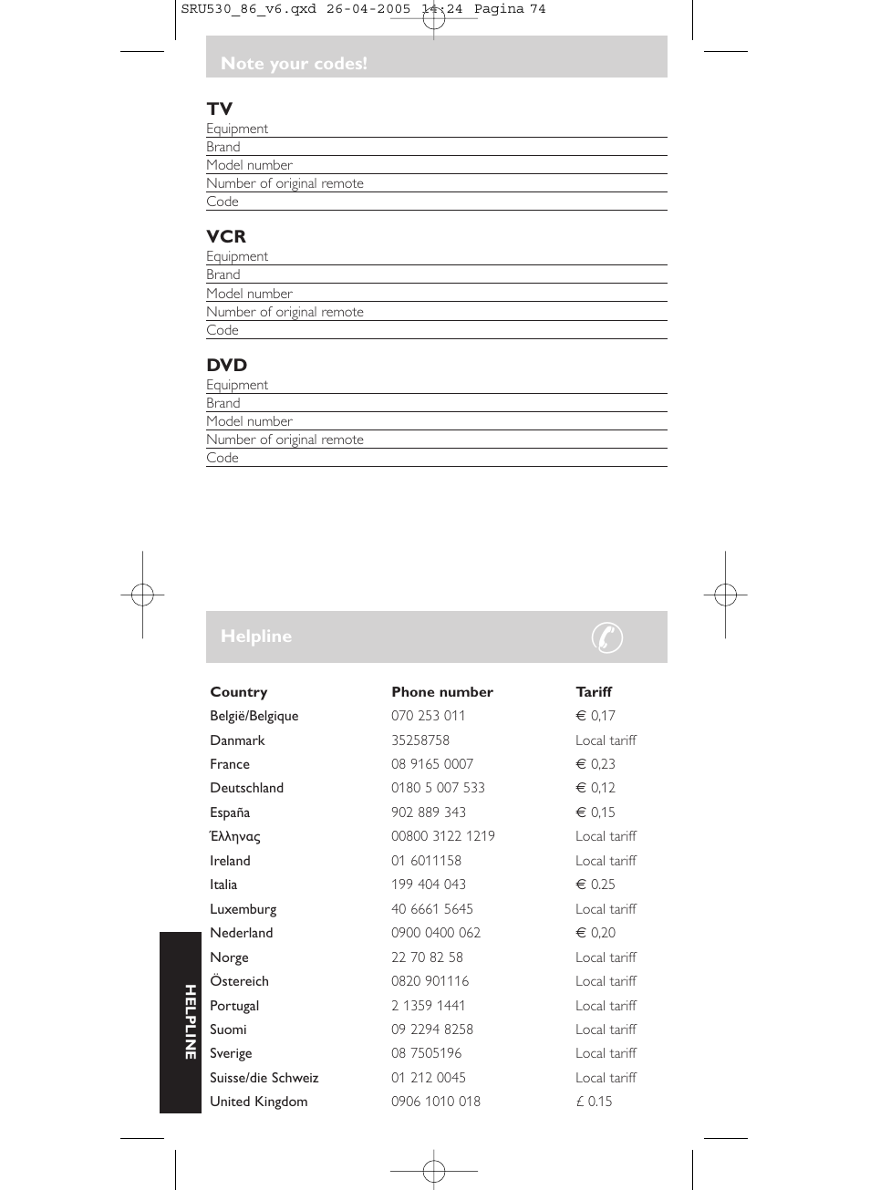 Philips Télécommande universelle User Manual | Page 74 / 76