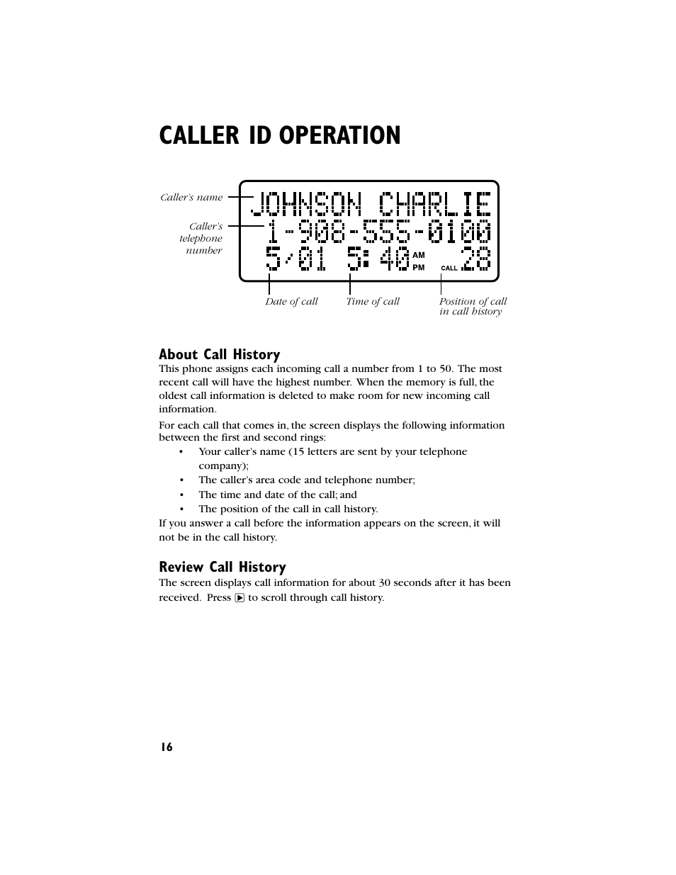 Caller id operation, About call history, Review call history | AT&T 9230 User Manual | Page 17 / 25