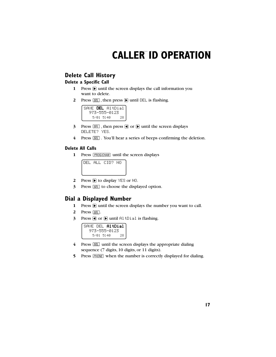 Headline right, Caller id operation, Headline r-sub | Delete call history, Dial a displayed number | AT&T 9230 User Manual | Page 18 / 25