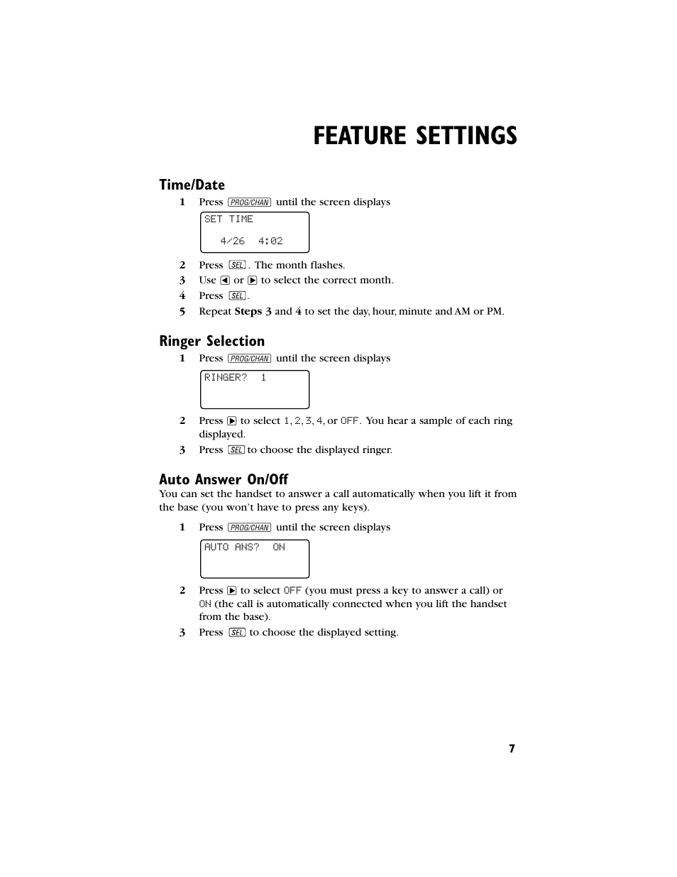 Feature settings, Time/date, Ringer selection | Auto answer on/off | AT&T 9230 User Manual | Page 8 / 25