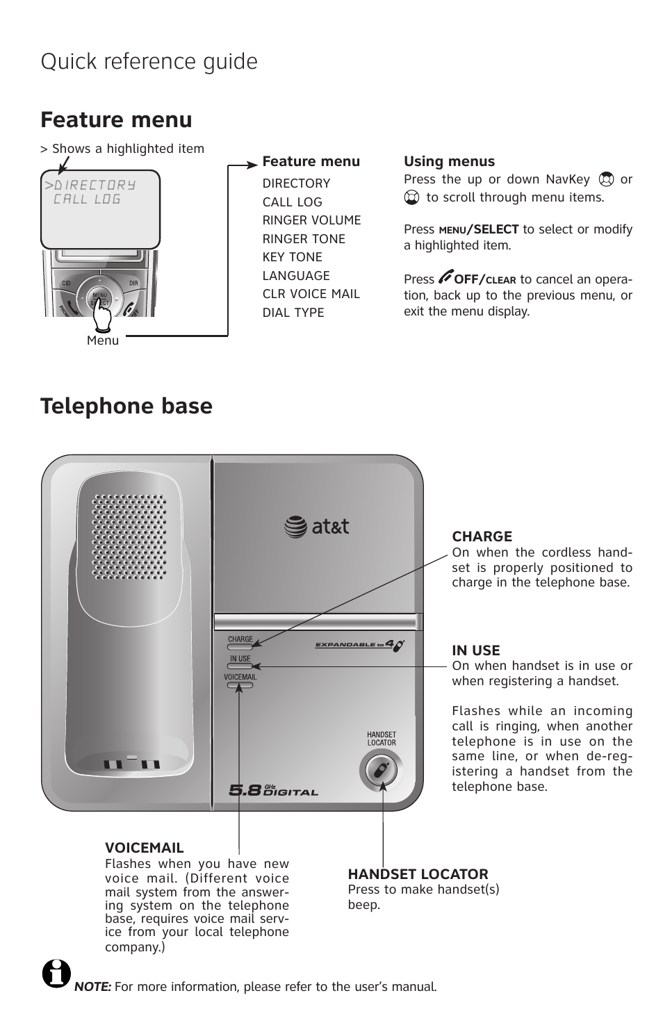Quick reference guide telephone base, Feature menu | AT&T E5903B User Manual | Page 5 / 6