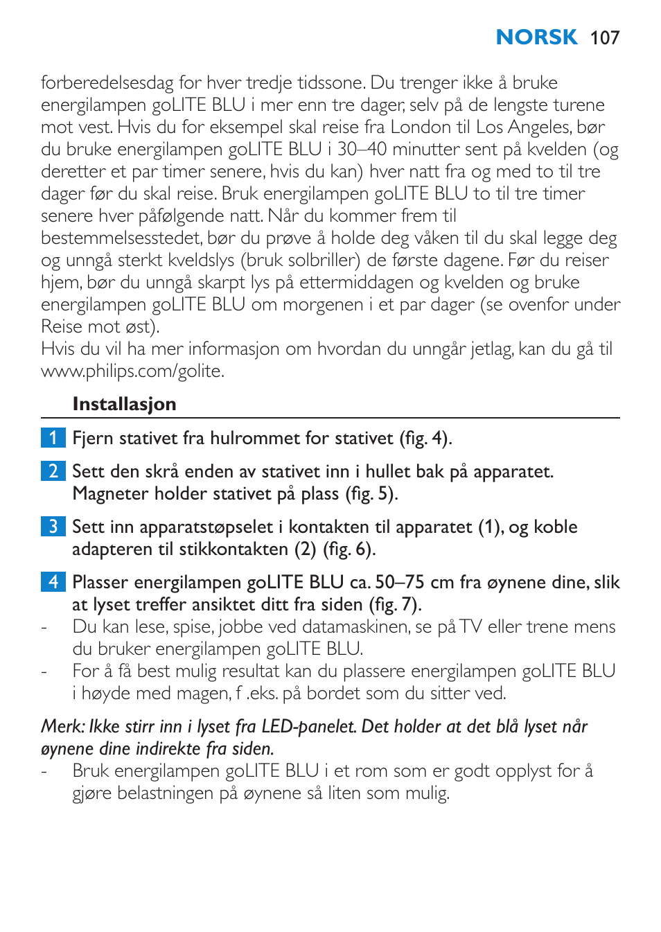 Installasjon | Philips goLITE BLU Lampe Energylight User Manual | Page 107 / 132