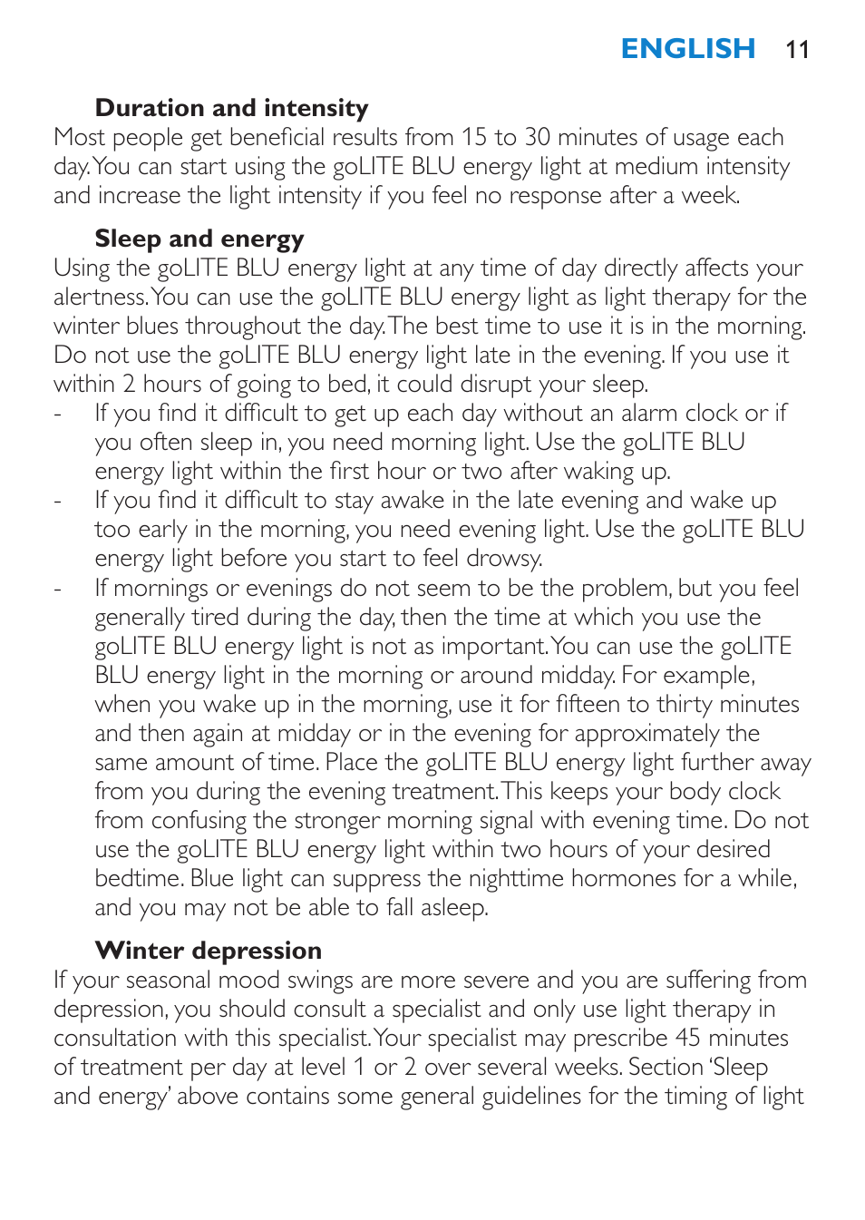 Preparing for use, When to use the golite blu energy light, Duration and intensity | Sleep and energy | Philips goLITE BLU Lampe Energylight User Manual | Page 11 / 132