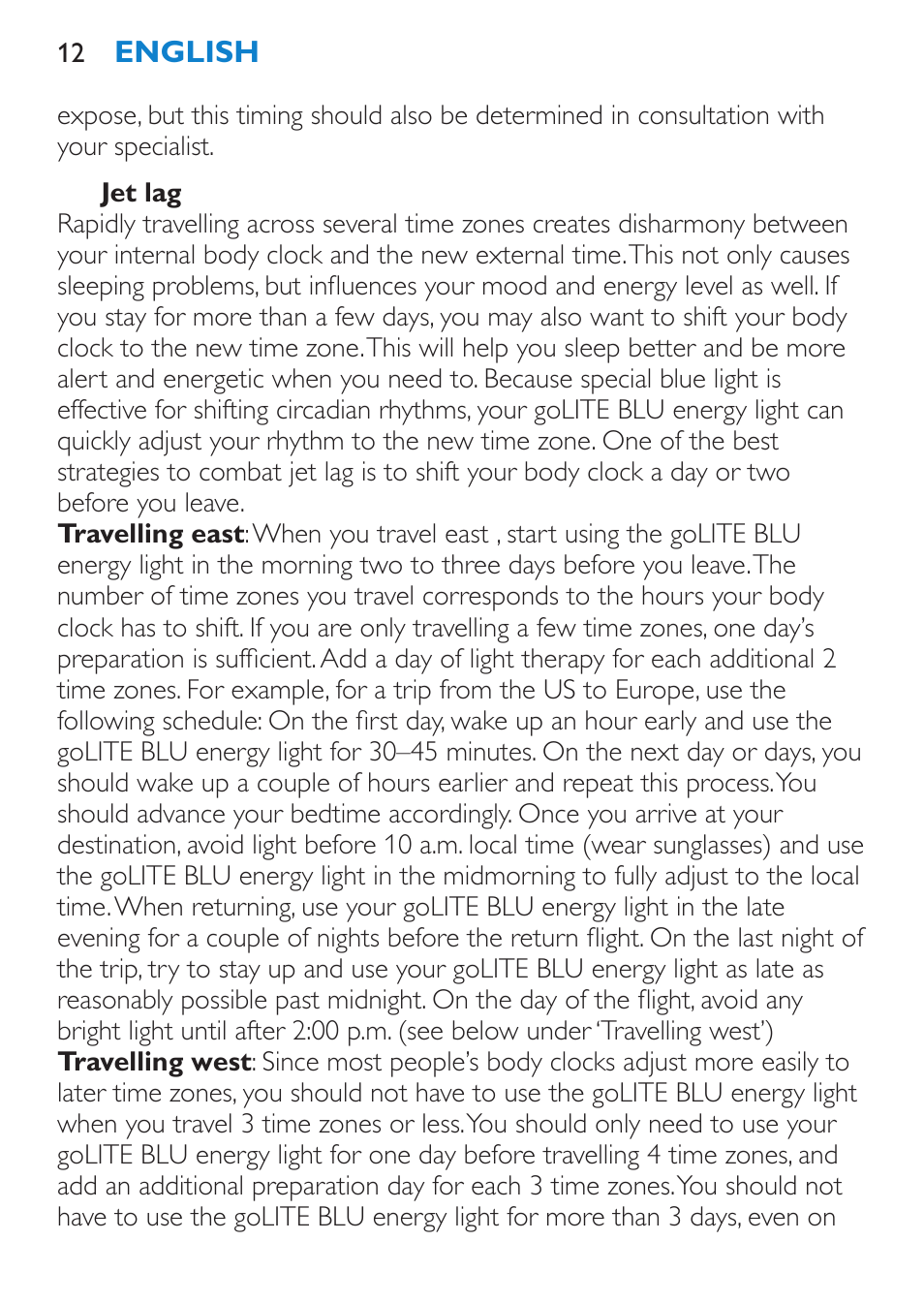 Winter depression, Jet lag | Philips goLITE BLU Lampe Energylight User Manual | Page 12 / 132