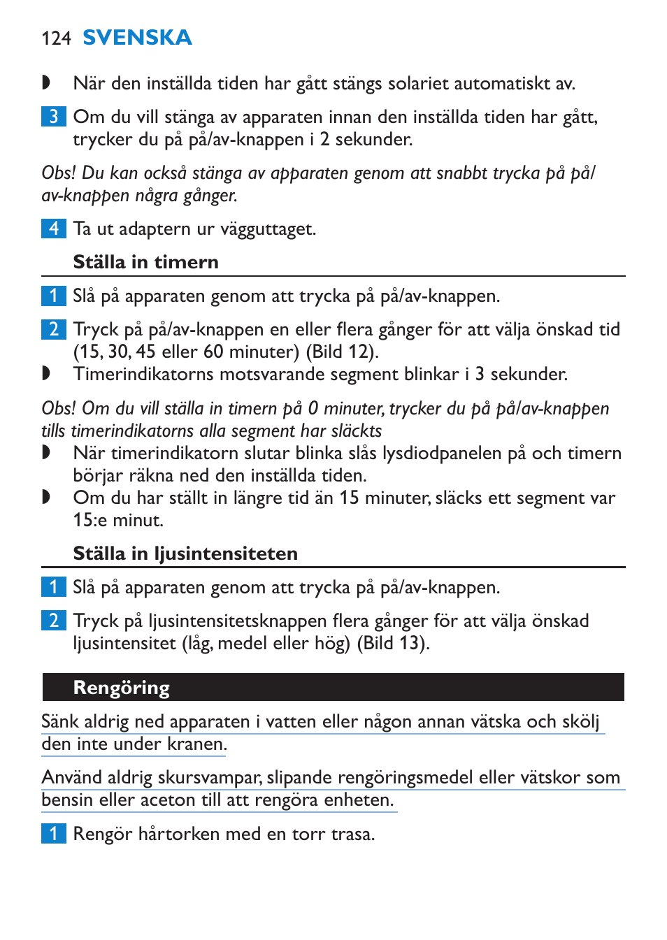 Ställa in timern, Ställa in ljusintensiteten, Rengöring | Philips goLITE BLU Lampe Energylight User Manual | Page 124 / 132