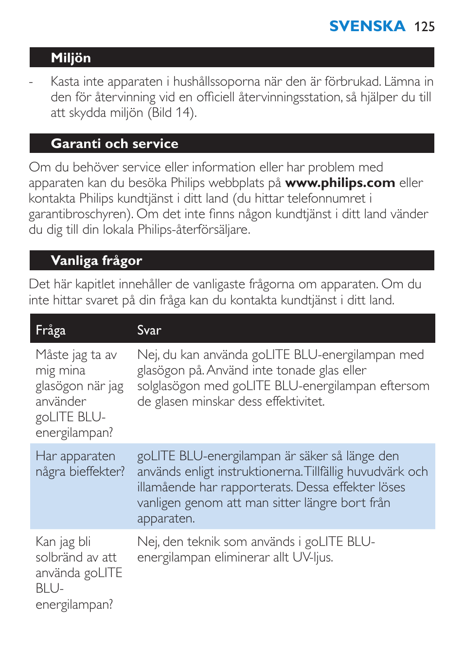 Miljön, Garanti och service, Vanliga frågor | Philips goLITE BLU Lampe Energylight User Manual | Page 125 / 132