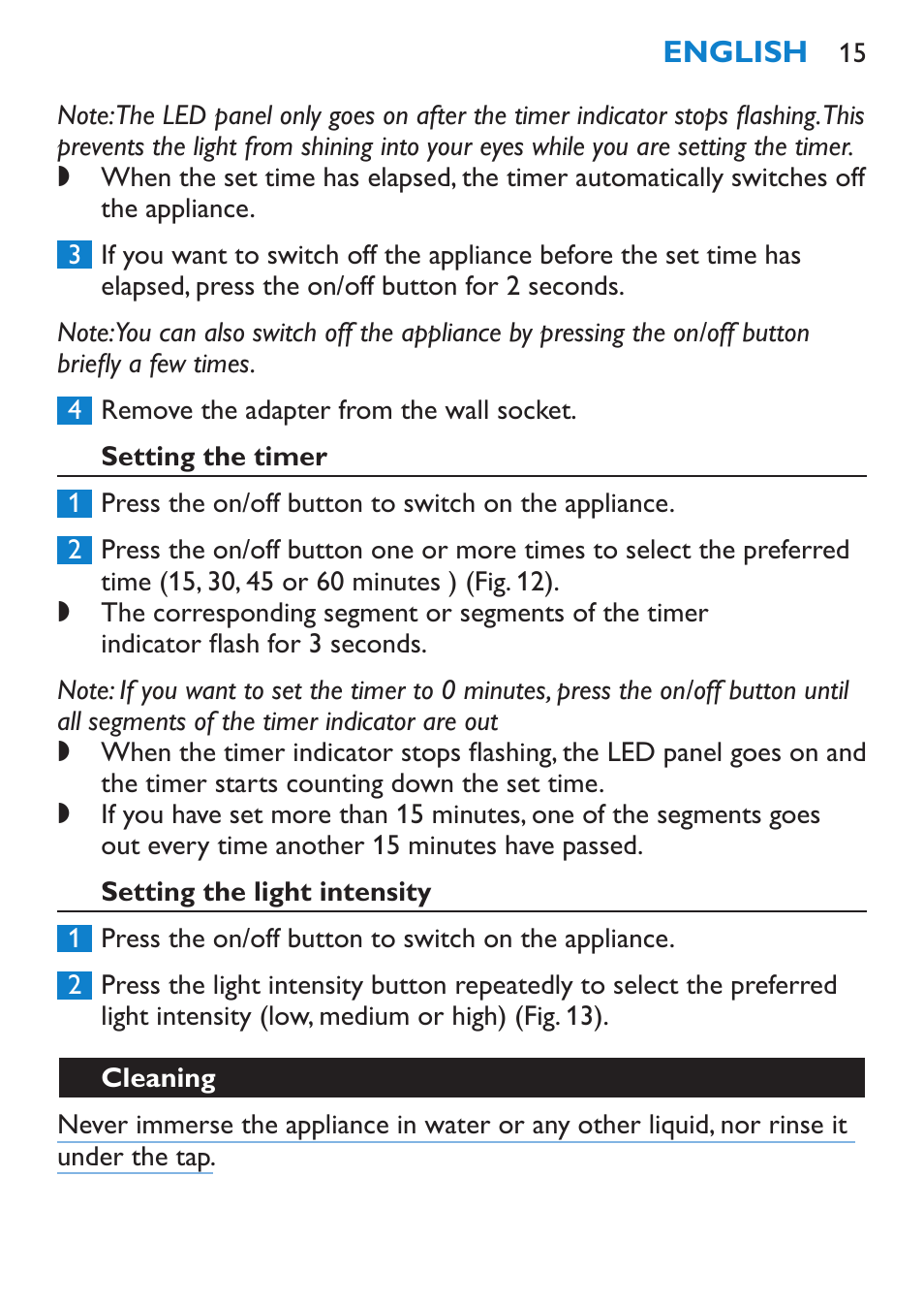 Setting the timer, Setting the light intensity | Philips goLITE BLU Lampe Energylight User Manual | Page 15 / 132