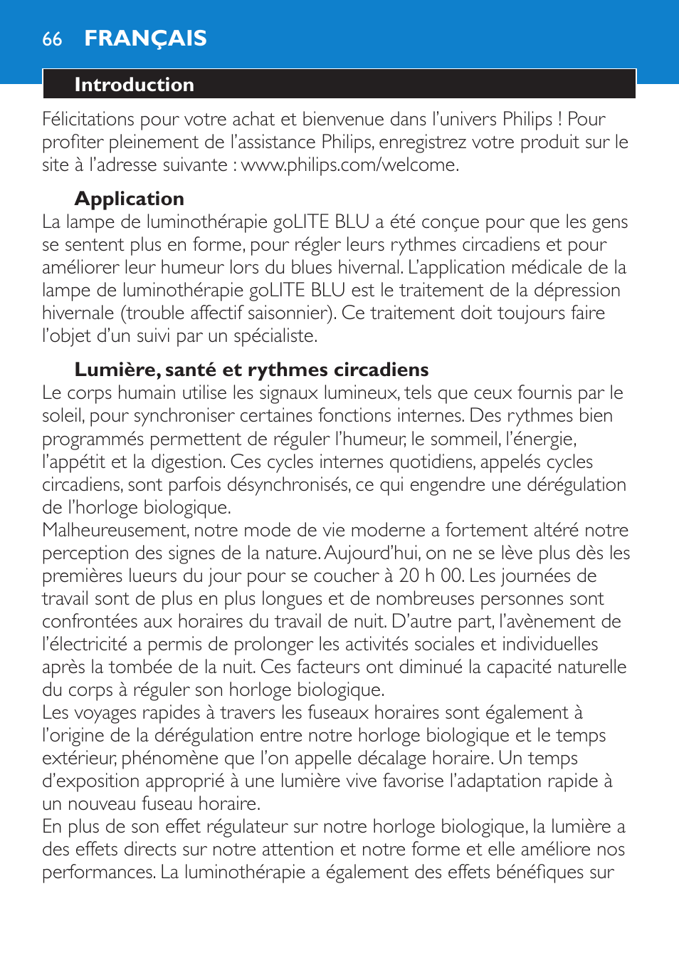 Application, Lumière, santé et rythmes circadiens, Français | Introduction | Philips goLITE BLU Lampe Energylight User Manual | Page 66 / 132