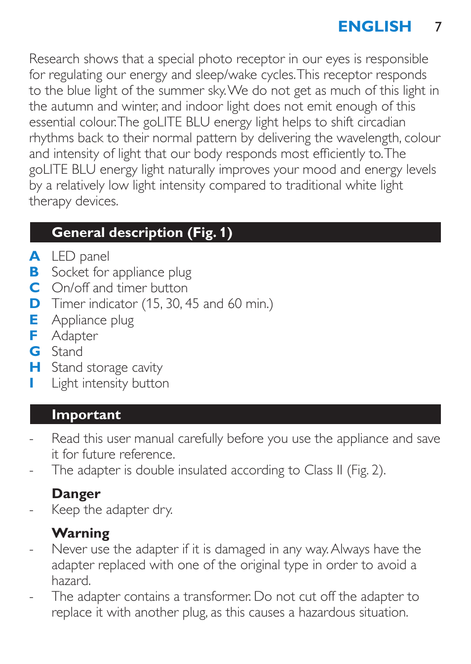 General description (fig. 1), Important, Danger | Warning | Philips goLITE BLU Lampe Energylight User Manual | Page 7 / 132