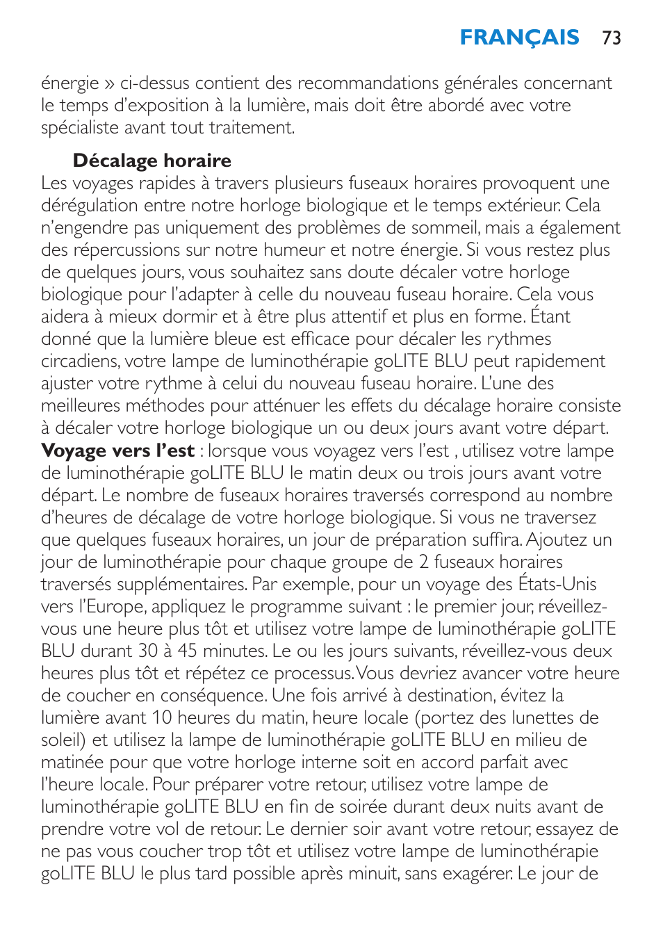 Dépression hivernale, Décalage horaire | Philips goLITE BLU Lampe Energylight User Manual | Page 73 / 132