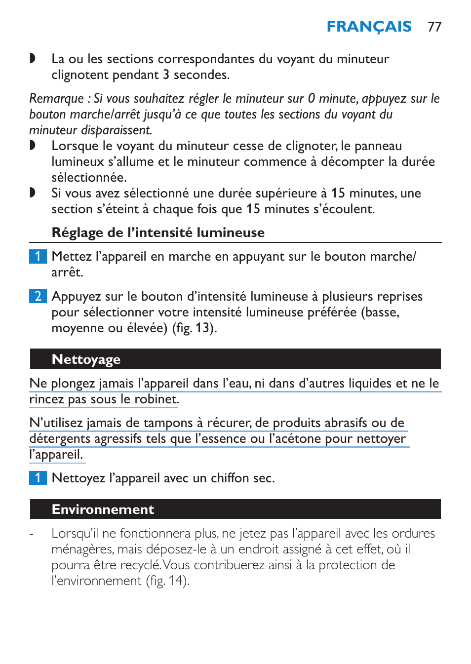 Réglage du minuteur, Réglage de l’intensité lumineuse, Nettoyage | Philips goLITE BLU Lampe Energylight User Manual | Page 77 / 132