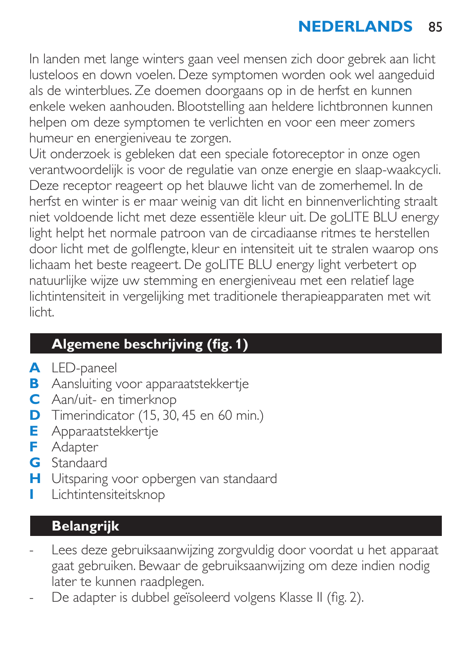 Algemene beschrijving (fig. 1), Belangrijk | Philips goLITE BLU Lampe Energylight User Manual | Page 85 / 132