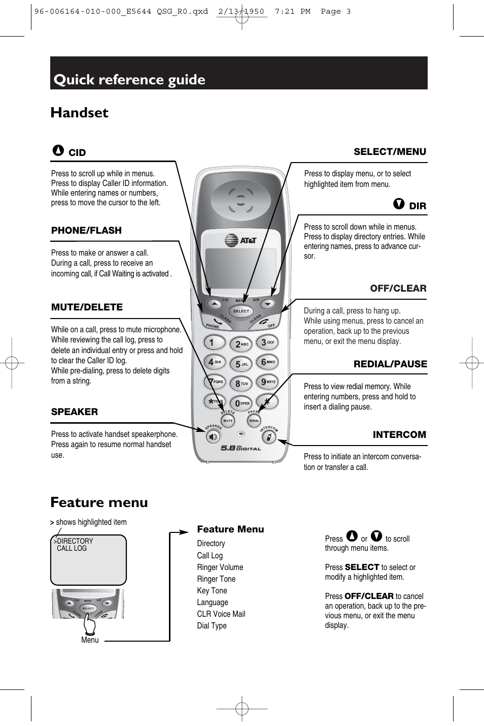 Quick reference guide, Handset feature menu | AT&T 5643B User Manual | Page 3 / 4