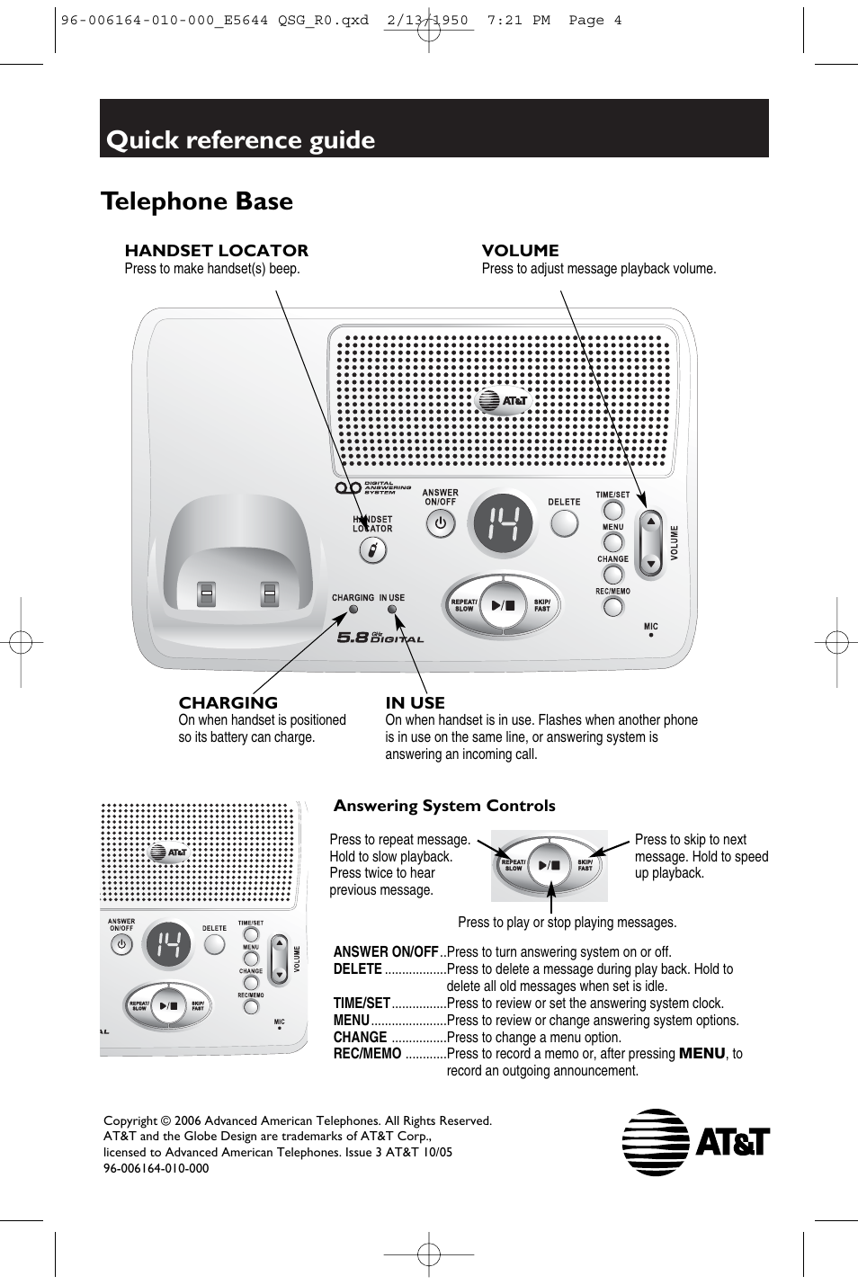 Quick reference guide, Telephone base | AT&T 5643B User Manual | Page 4 / 4