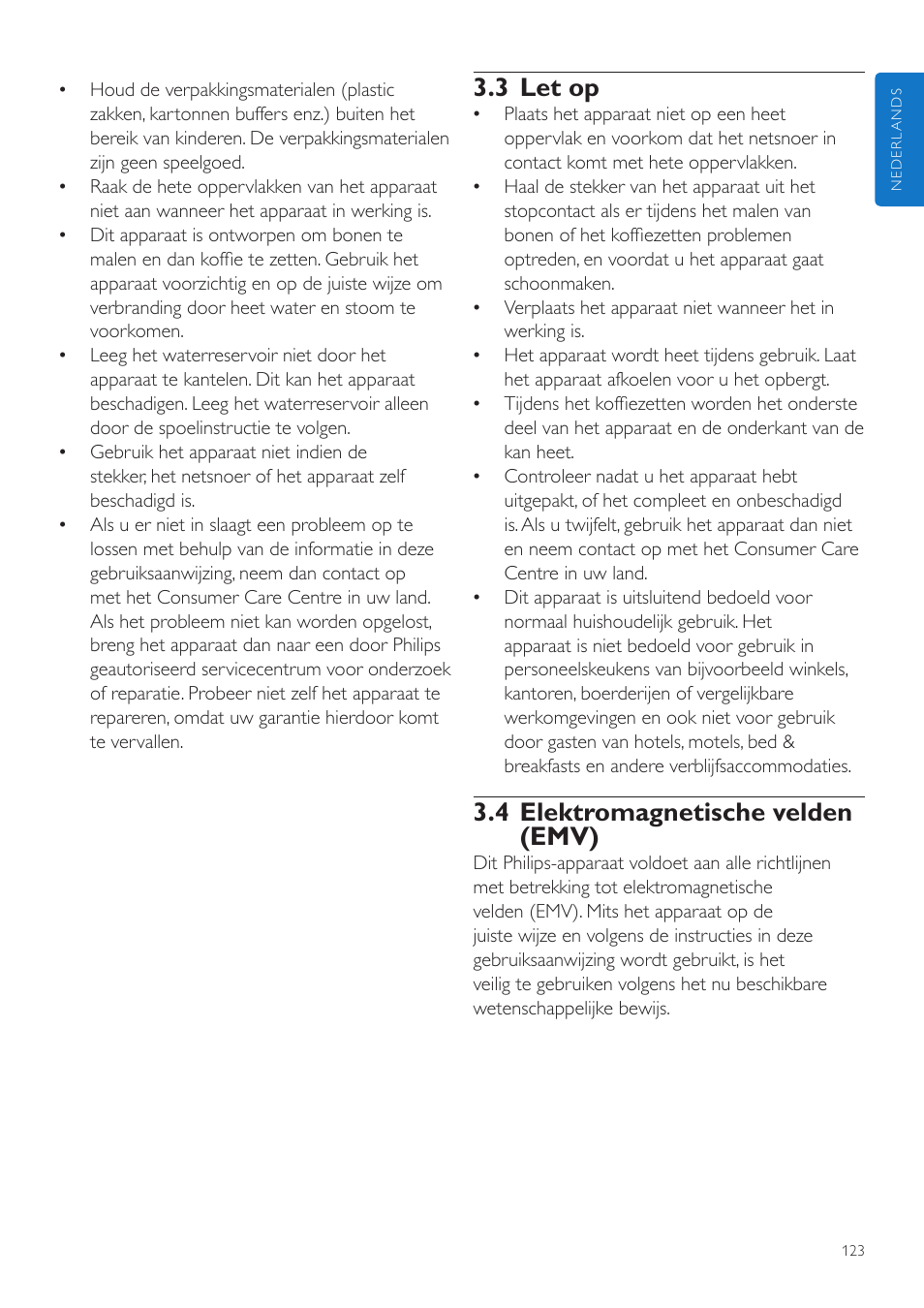 3 let op, 4 elektromagnetische velden (emv) | Philips Grind & Brew Cafetière User Manual | Page 123 / 212