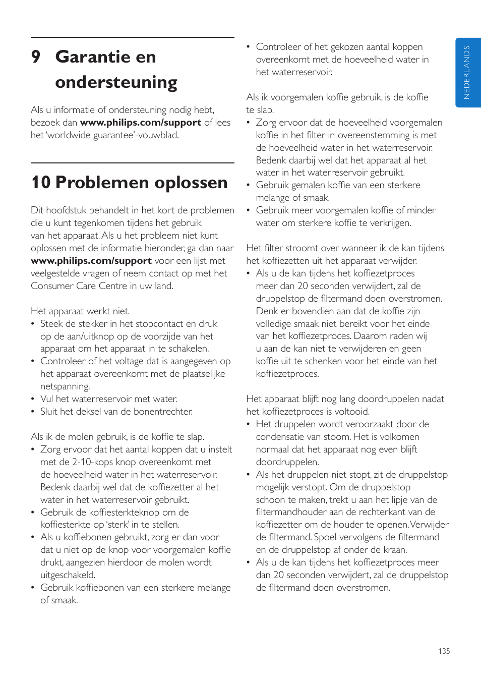 9 garantie en ondersteuning, 10 problemen oplossen | Philips Grind & Brew Cafetière User Manual | Page 135 / 212