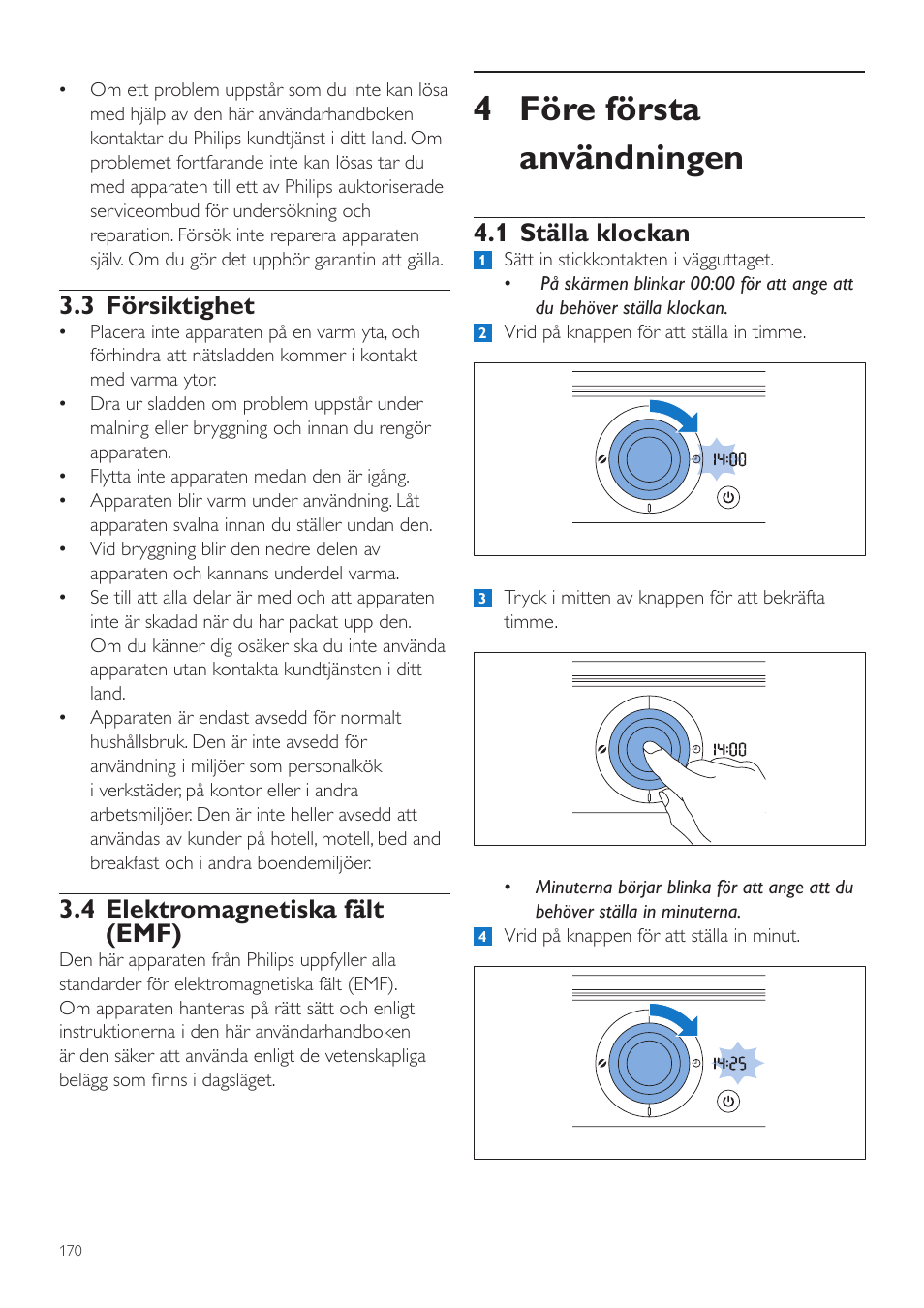 4 före första användningen, 1 ställa klockan, 3 försiktighet | 4 elektromagnetiska fält (emf) | Philips Grind & Brew Cafetière User Manual | Page 170 / 212