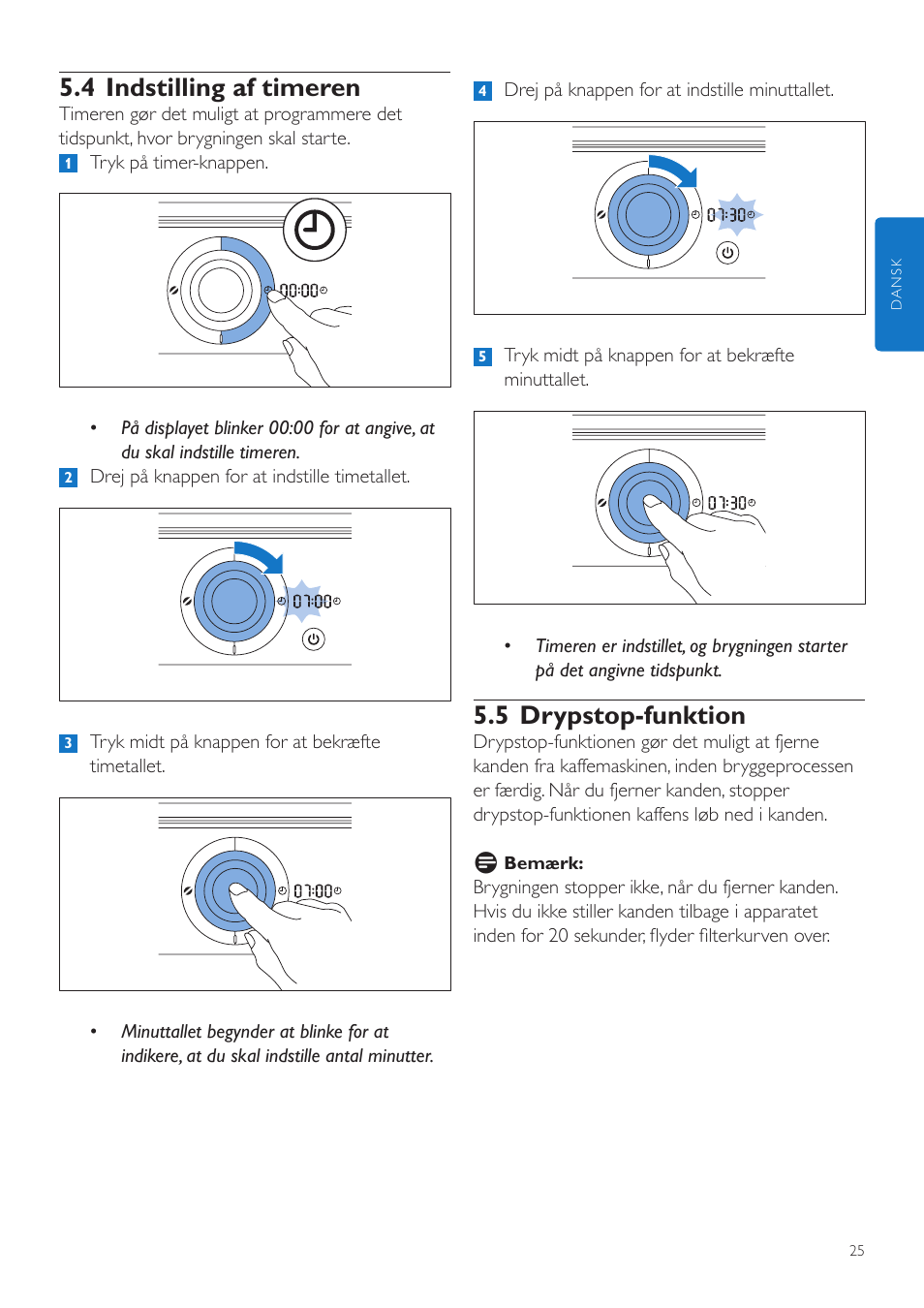 5 drypstop-funktion, 4 indstilling af timeren | Philips Grind & Brew Cafetière User Manual | Page 25 / 212