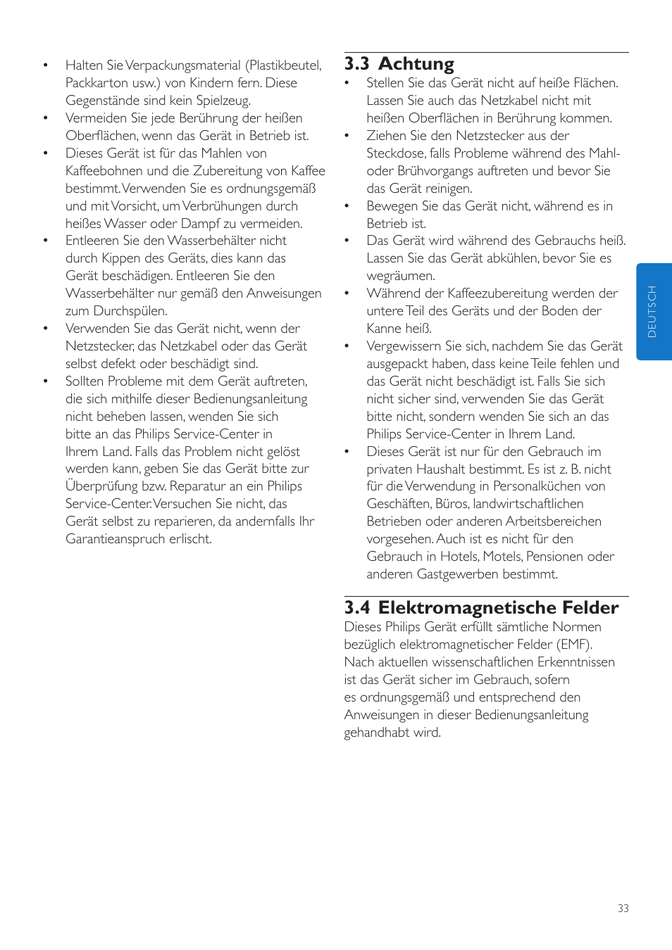 3 achtung, 4 elektromagnetische felder | Philips Grind & Brew Cafetière User Manual | Page 33 / 212