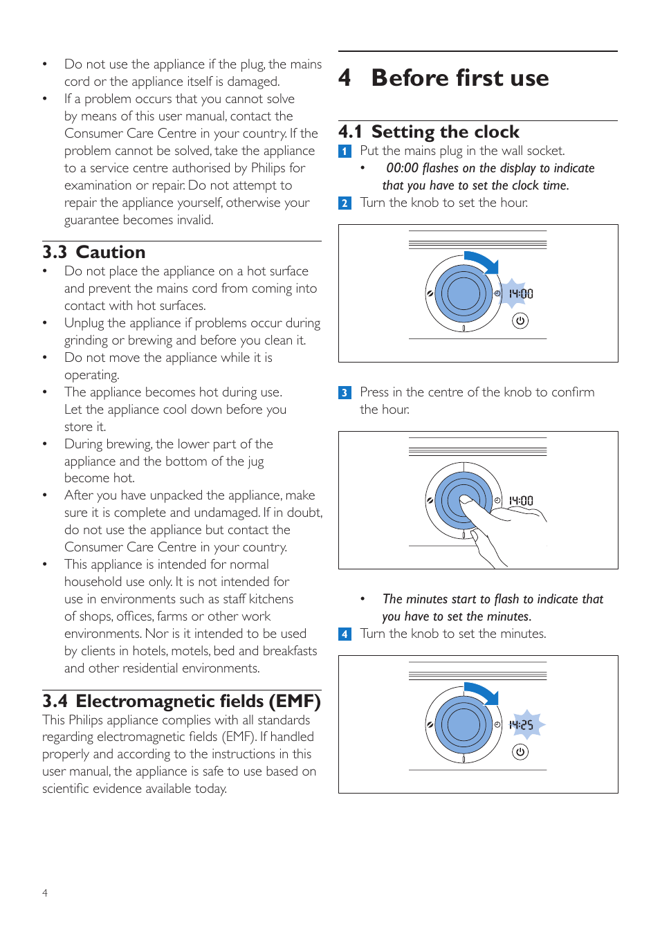 4 before first use, 1 setting the clock, 3 caution | 4 electromagnetic fields (emf) | Philips Grind & Brew Cafetière User Manual | Page 4 / 212