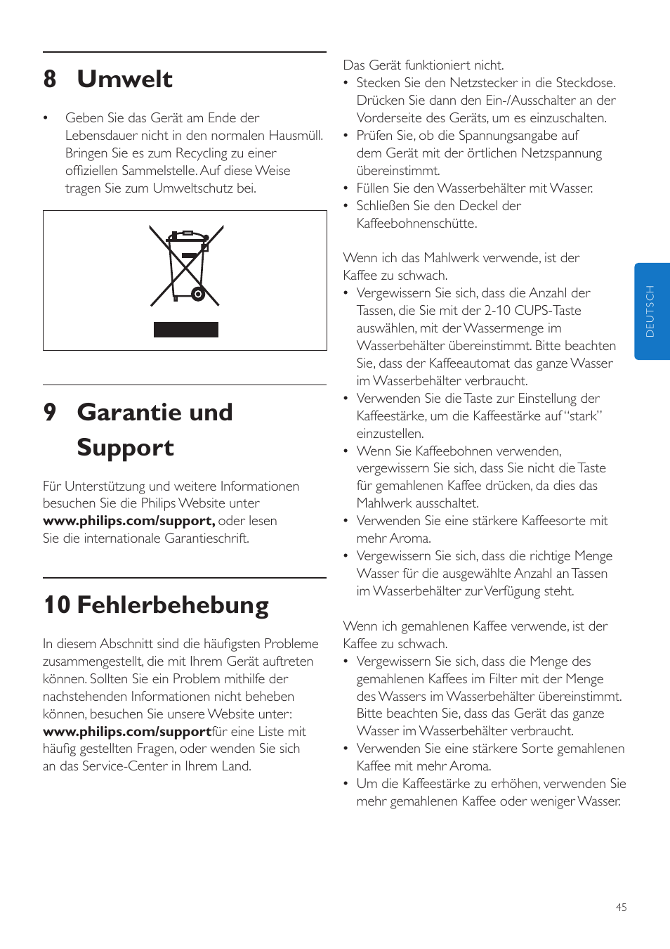 8 umwelt, 9 garantie und support, 10 fehlerbehebung | Philips Grind & Brew Cafetière User Manual | Page 45 / 212