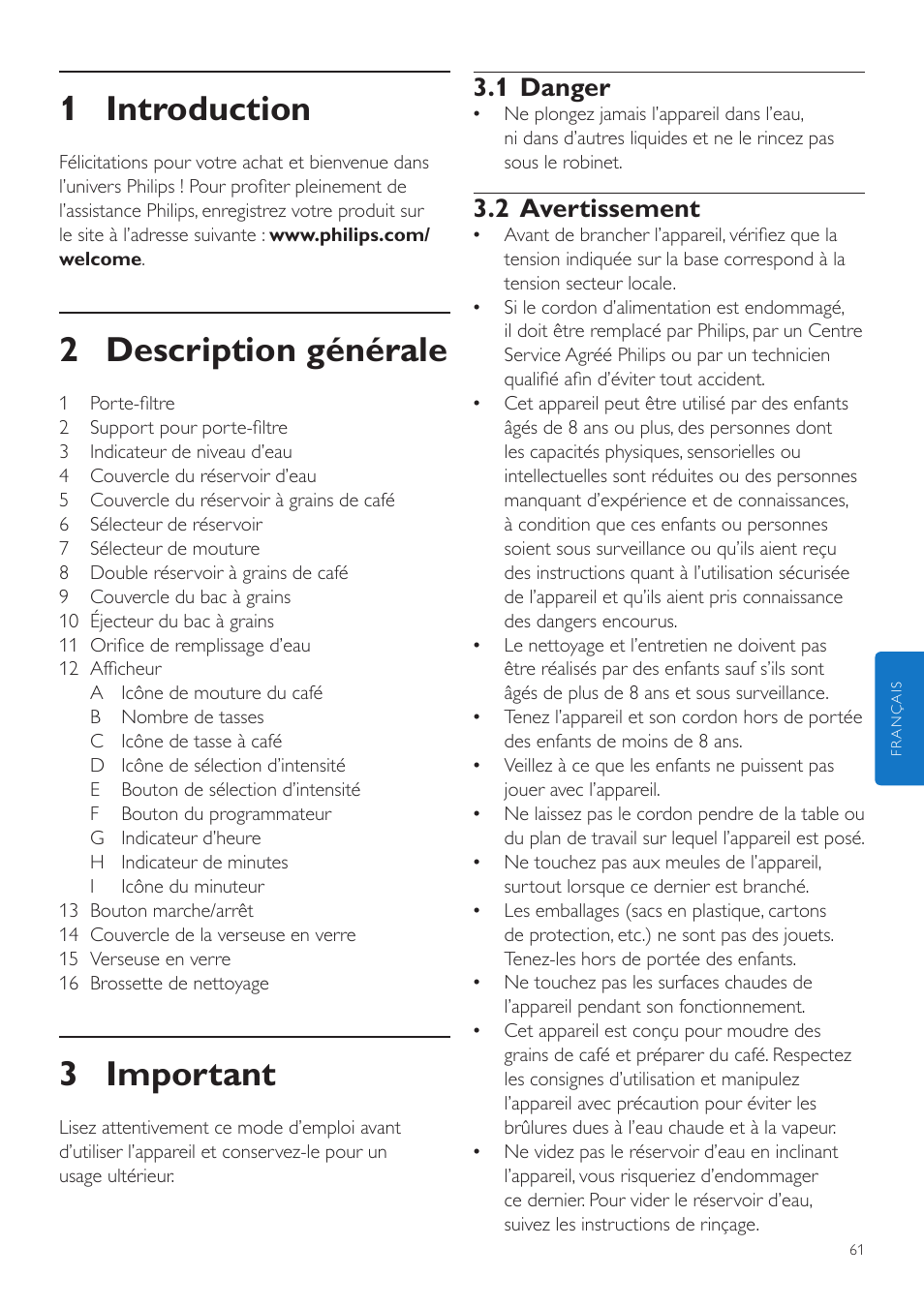 Français, Fr mode d’emploi, 1 introduction | 2 description générale, 3 important, 1 danger, 2 avertissement | Philips Grind & Brew Cafetière User Manual | Page 61 / 212