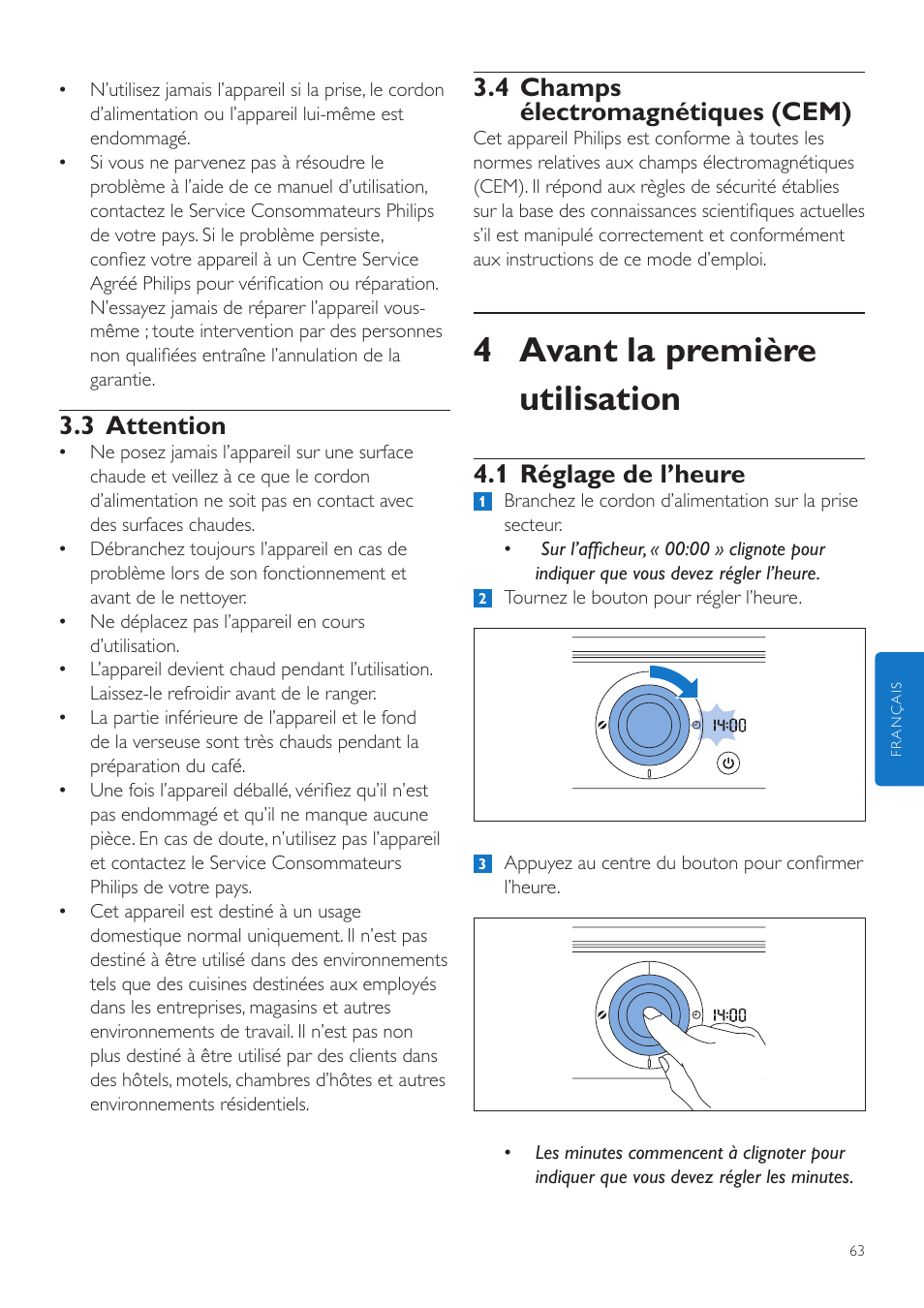 4 avant la première utilisation, 4 champs électromagnétiques (cem), 1 réglage de l’heure | 3 attention | Philips Grind & Brew Cafetière User Manual | Page 63 / 212