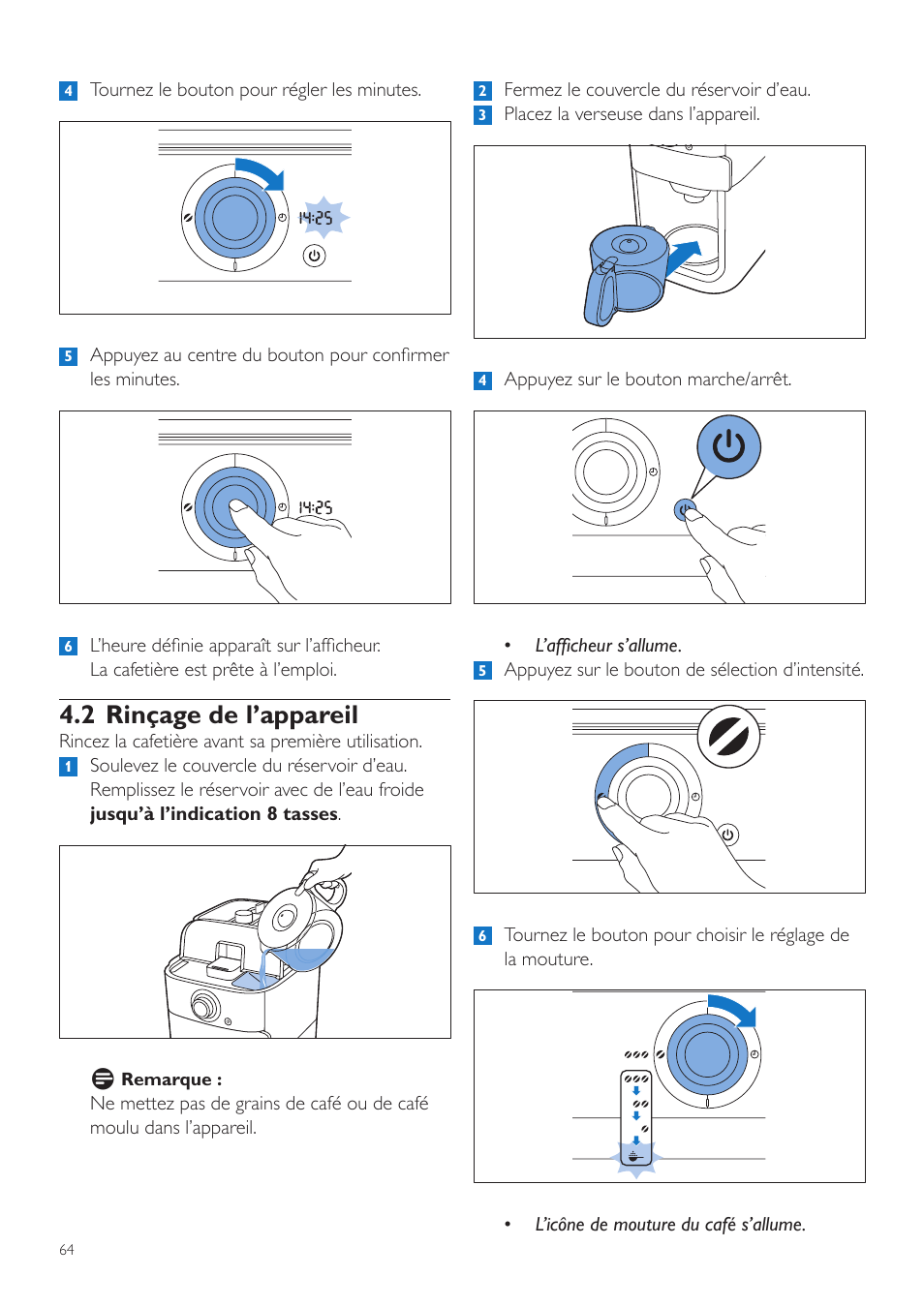 2 rinçage de l’appareil | Philips Grind & Brew Cafetière User Manual | Page 64 / 212