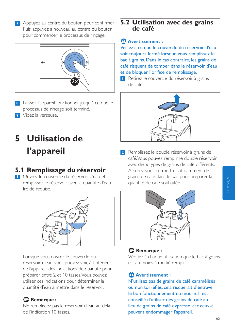 5 utilisation de l’appareil, 2 utilisation avec des grains de café, 1 remplissage du réservoir | Philips Grind & Brew Cafetière User Manual | Page 65 / 212